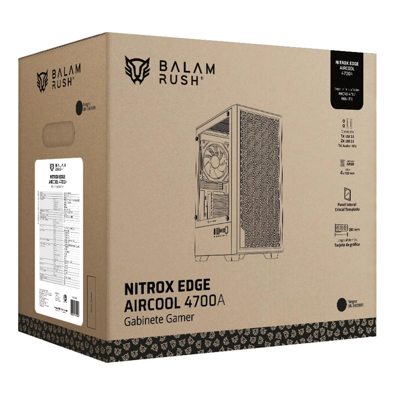 Gabinete Gamer BALAM RUSH NITROX EDGE AIRCOOL 4700A Micro ATX Mini Torre 4 Fan ARGB Cristal templado Frente Mesh Negro BR-943901 - Image 6
