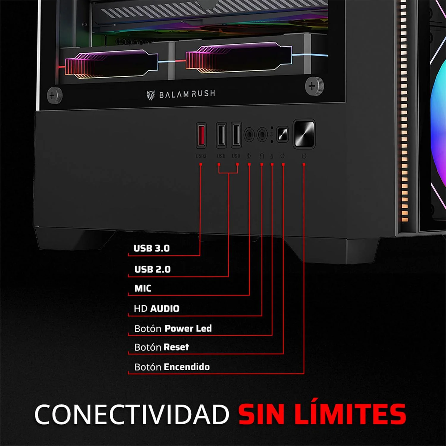 Gabinete Gamer BALAM RUSH NITROX EDGE PRO CRYSTAL 4900C Micro ATX Mini Torre 4 Fan ARGB Cristal templado Frente Cristal Negro BR-943888 - Image 4