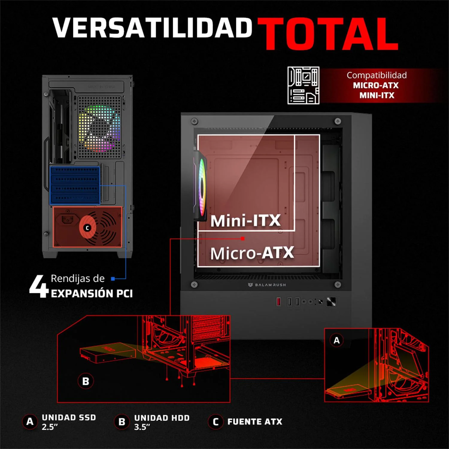 Gabinete Gamer BALAM RUSH NITROX EDGE PRO CRYSTAL 4900C Micro ATX Mini Torre 4 Fan ARGB Cristal templado Frente Cristal Negro BR-943888 - Image 5