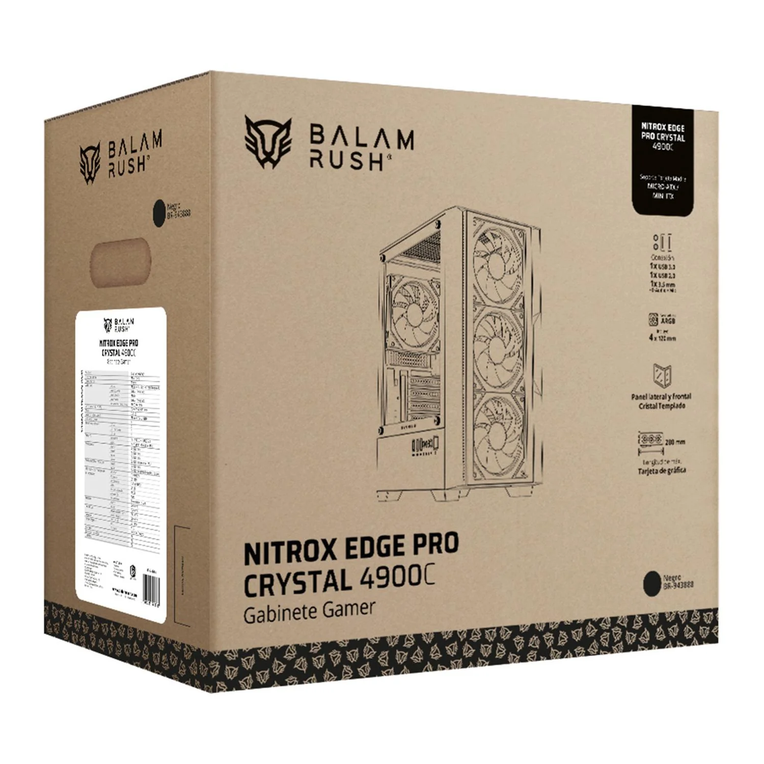Gabinete Gamer BALAM RUSH NITROX EDGE PRO CRYSTAL 4900C Micro ATX Mini Torre 4 Fan ARGB Cristal templado Frente Cristal Negro BR-943888 - Image 6