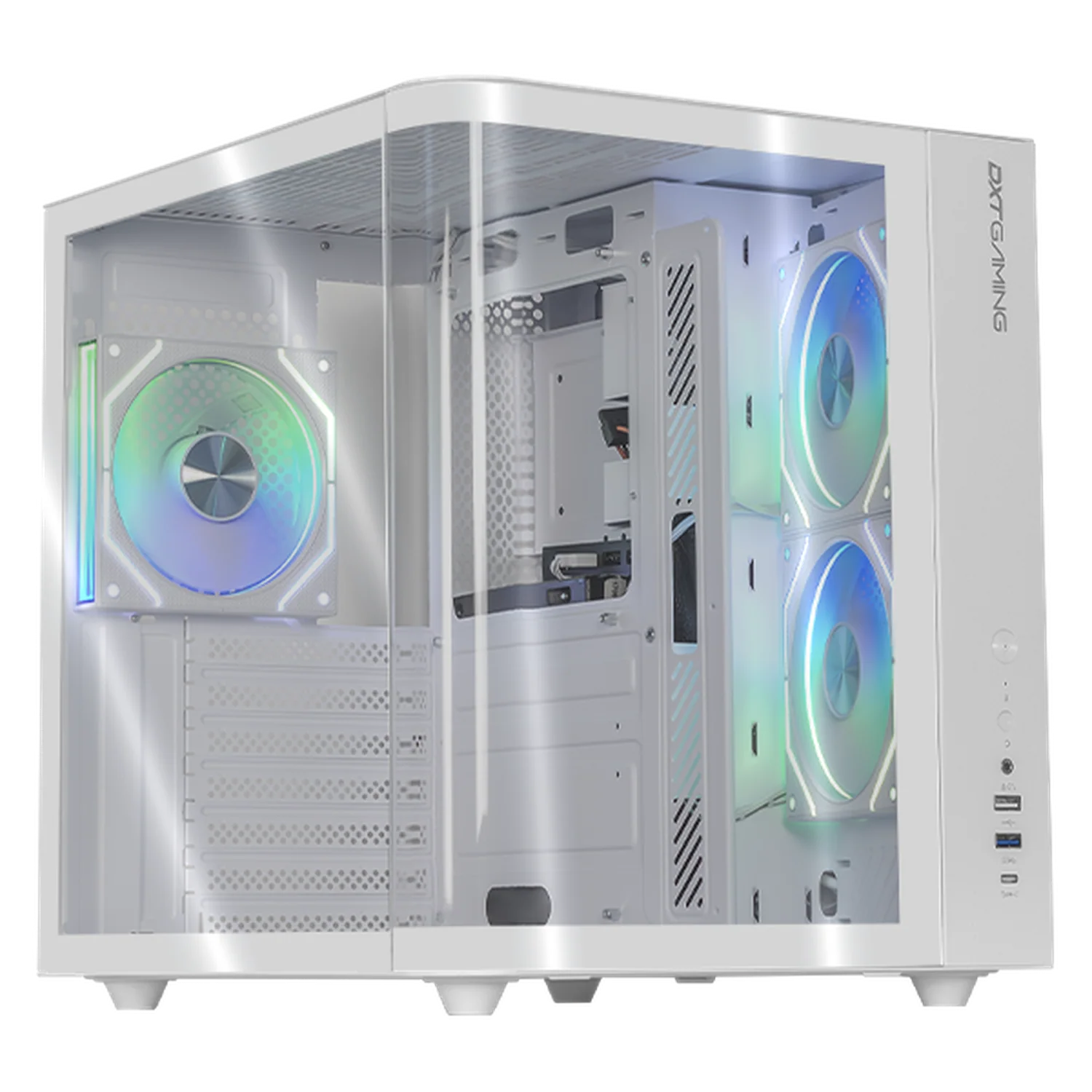 Gabinete DXT GAMING Titan PRO Mini Torre Cristal Curvo Panoramico 3 Fan ARGB USB-C Blanco CDXT900WT