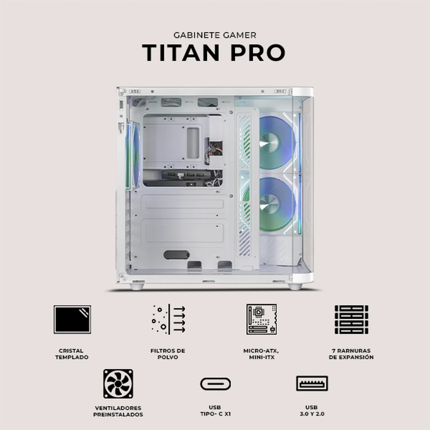 Gabinete DXT GAMING Titan PRO Mini Torre Cristal Curvo Panoramico 3 Fan ARGB USB-C Blanco CDXT900WT - Image 5