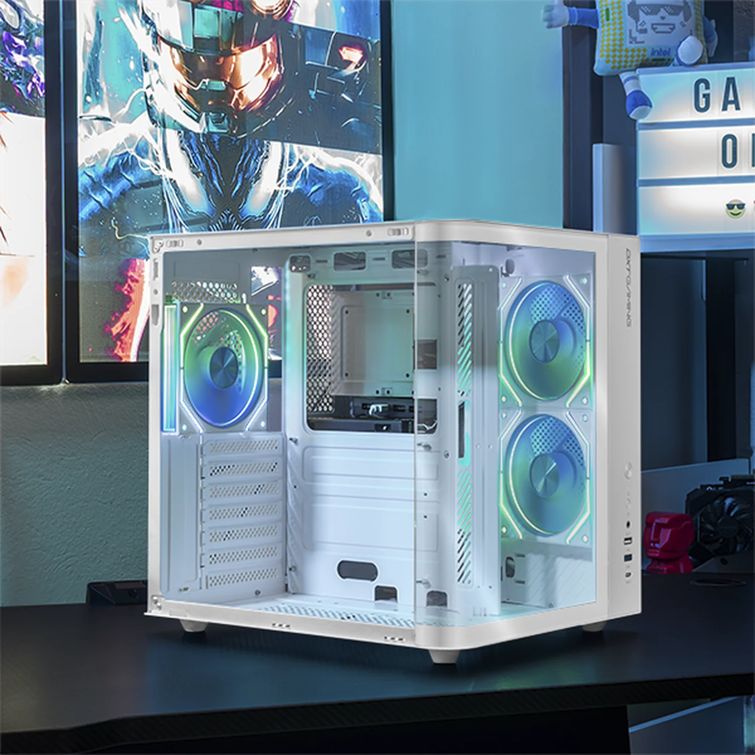 Gabinete DXT GAMING Titan PRO Mini Torre Cristal Curvo Panoramico 3 Fan ARGB USB-C Blanco CDXT900WT - Image 6