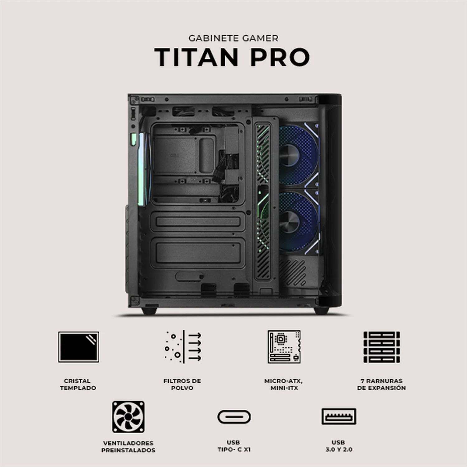 Gabinete DXT GAMING Titan PRO Mini Torre Cristal Curvo Panoramico 3 Fan ARGB USB-C Negro CDXT900BK - Image 5