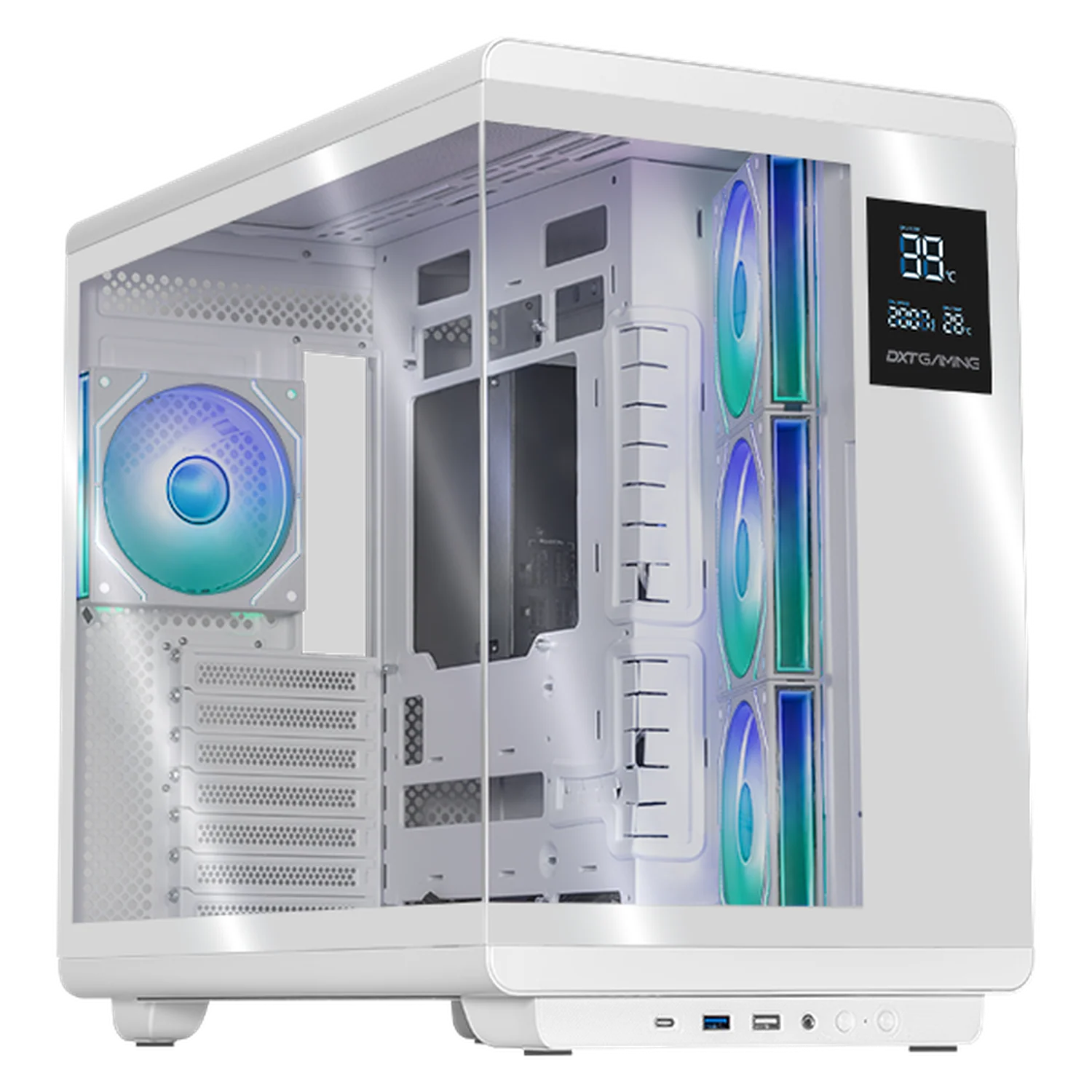Gabinete DXT GAMING Titan X Media Torre con Display de Temperatura y Velocidad 4 Fan ARGB USB-C Blanco CDXT600WT