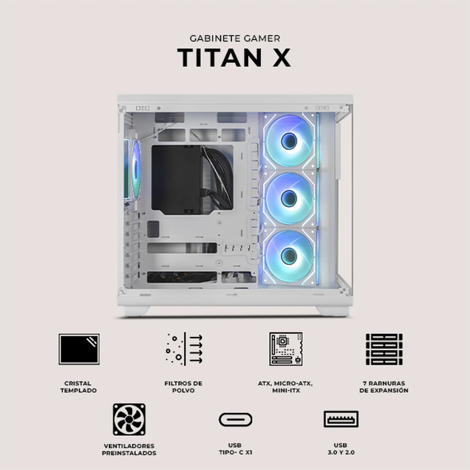Gabinete DXT GAMING Titan X Media Torre con Display de Temperatura y Velocidad 4 Fan ARGB USB-C Blanco CDXT600WT - Image 5