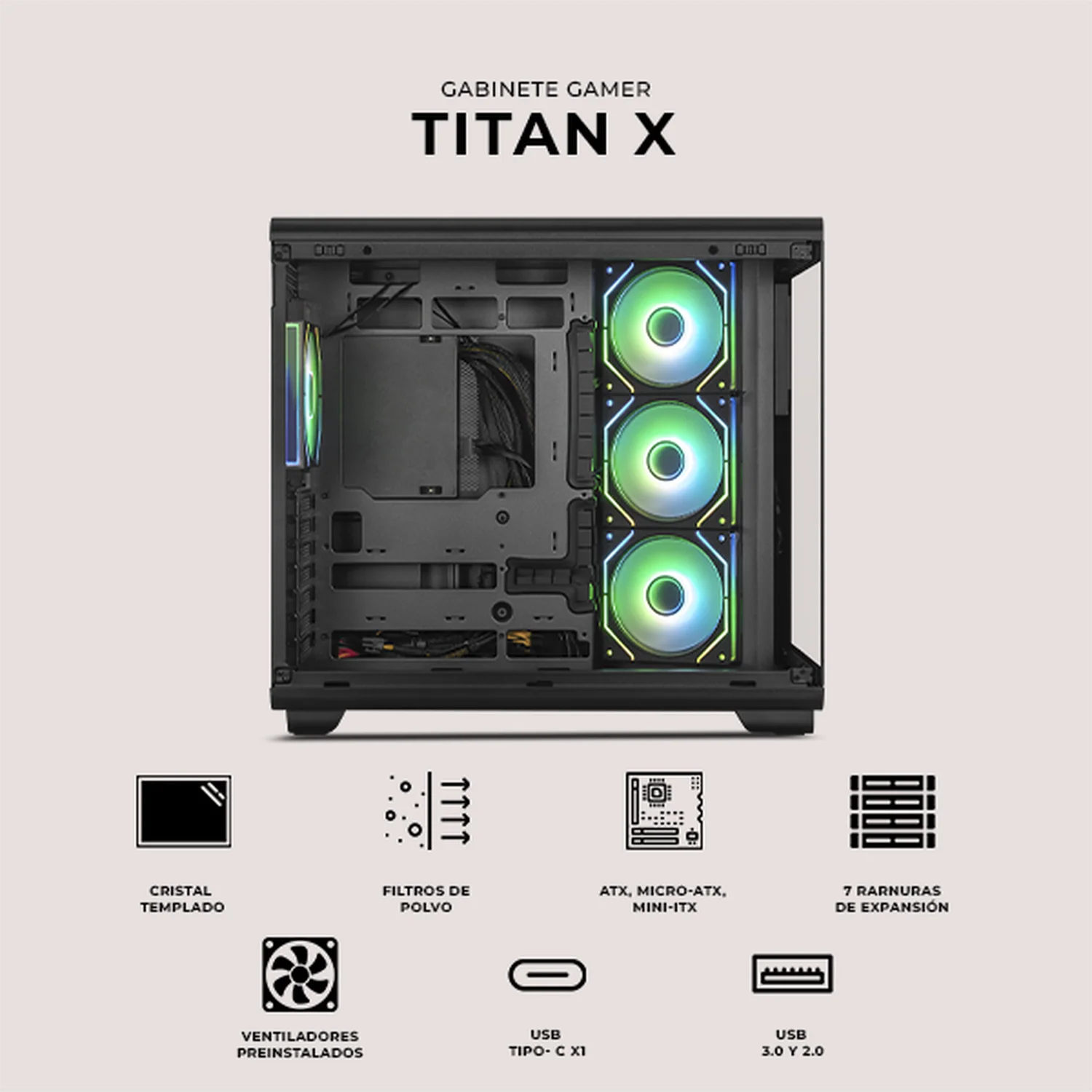 Gabinete DXT GAMING Titan X Media Torre con Display de Temperatura y Velocidad 4 Fan ARGB USB-C Negro CDXT600BK - Image 5