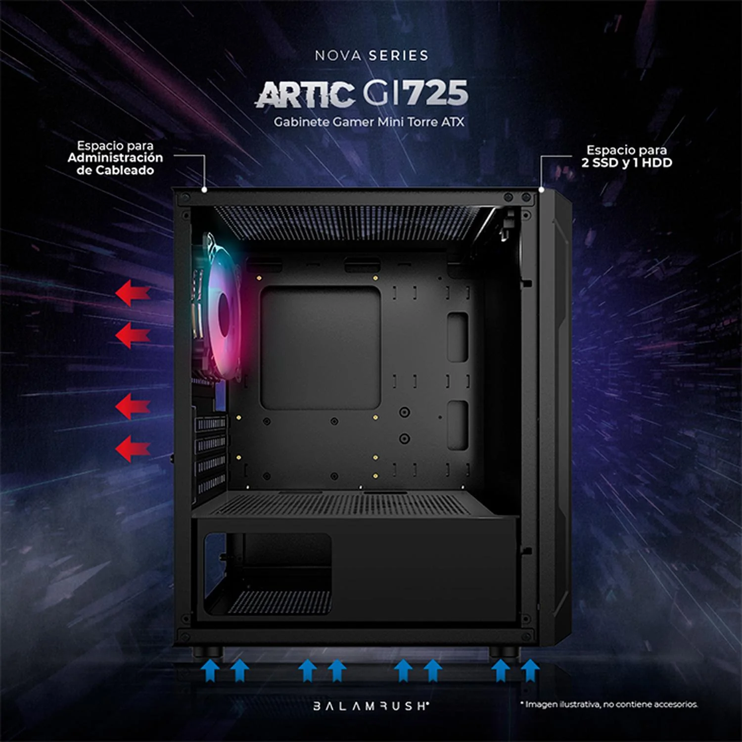 Gabinete Gamer BALAM RUSH ARTIC GI725 M-ATX Mini Torre 3 Fan Cristal Templado Negro BR-936118 - Image 3