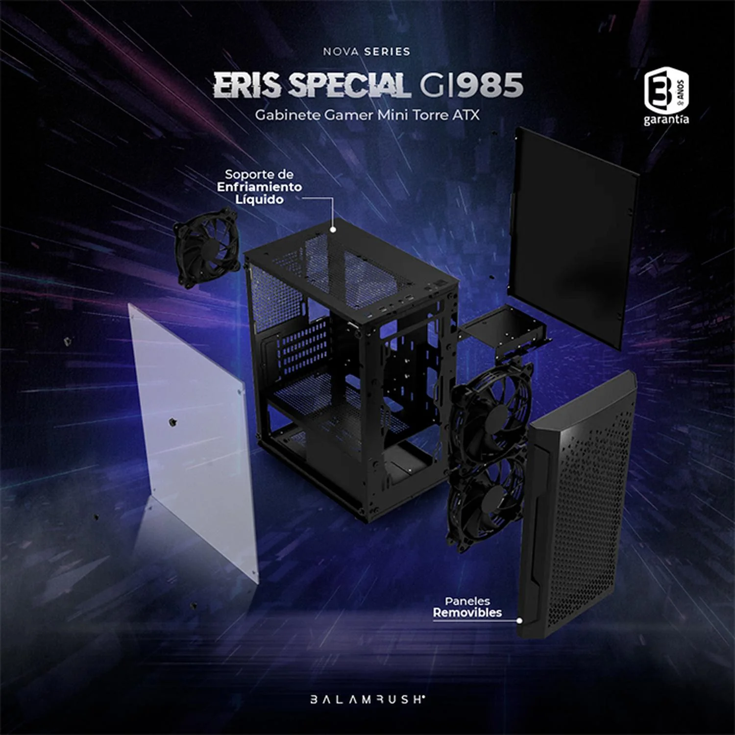 Gabinete Gamer BALAM RUSH ARTIC GI725 M-ATX Mini Torre 3 Fan Cristal Templado Negro BR-936118 - Image 4