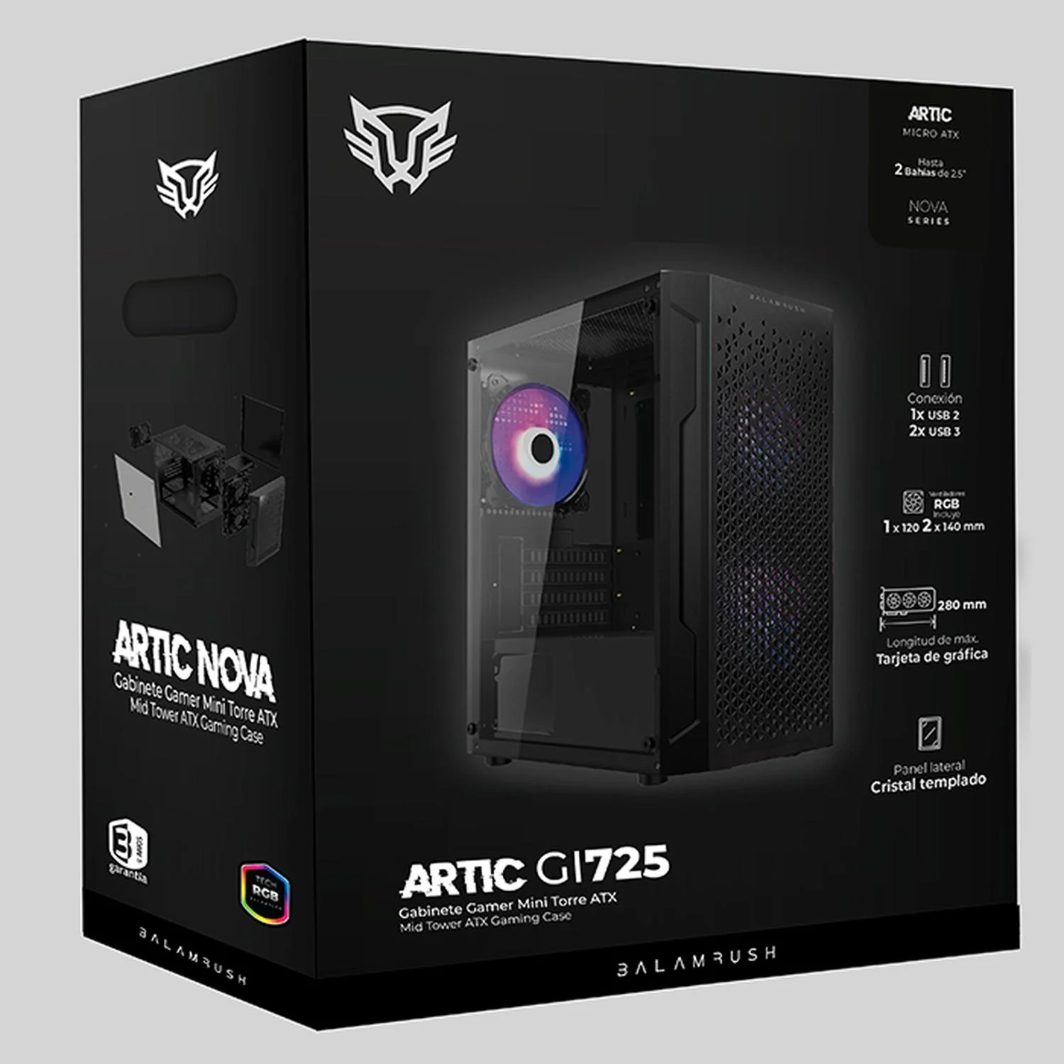 Gabinete Gamer BALAM RUSH ARTIC GI725 M-ATX Mini Torre 3 Fan Cristal Templado Negro BR-936118 - Image 6