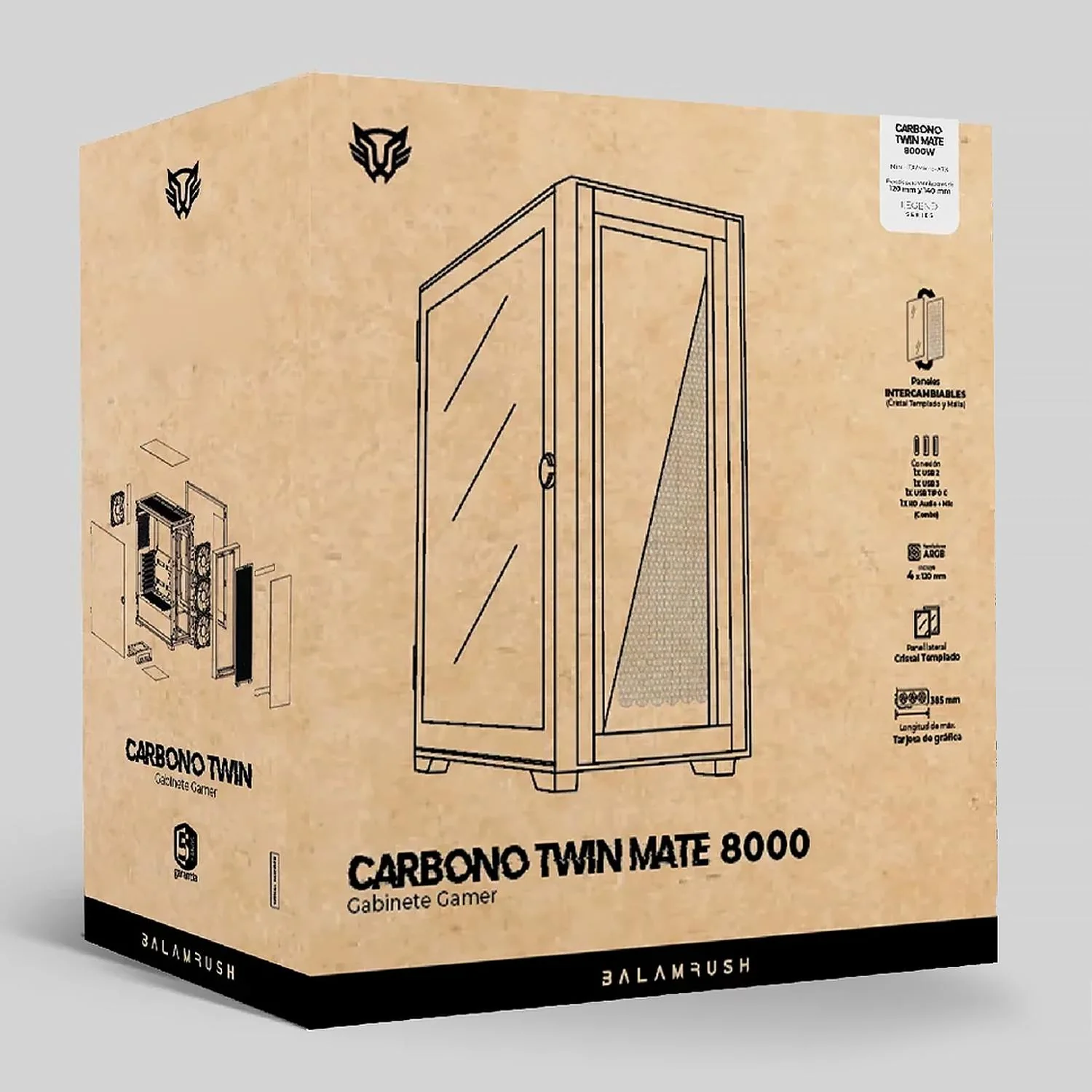 Gabinete Gamer BALAM RUSH CARBONO TWIN MATE 8000 M-ATX Mini Torre 4 Fan ARGB Cristal Templado Frente Intercambiable USB-C Blanco BR-938785 - Image 6