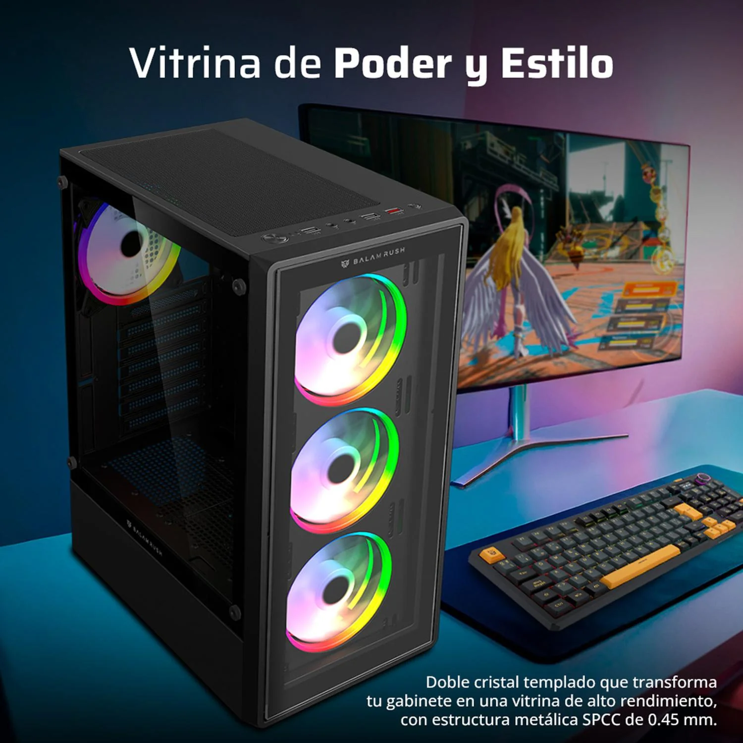 Gabinete Gamer BALAM RUSH DRAGONFLY PERFORM CRYSTAL GM590CB ATX Media Torre 4 Fan RGB Cristal Templado Negro BR-935968 - Image 2