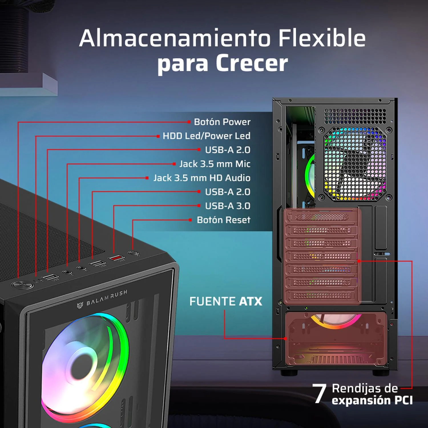 Gabinete Gamer BALAM RUSH DRAGONFLY PERFORM CRYSTAL GM590CB ATX Media Torre 4 Fan RGB Cristal Templado Negro BR-935968 - Image 4