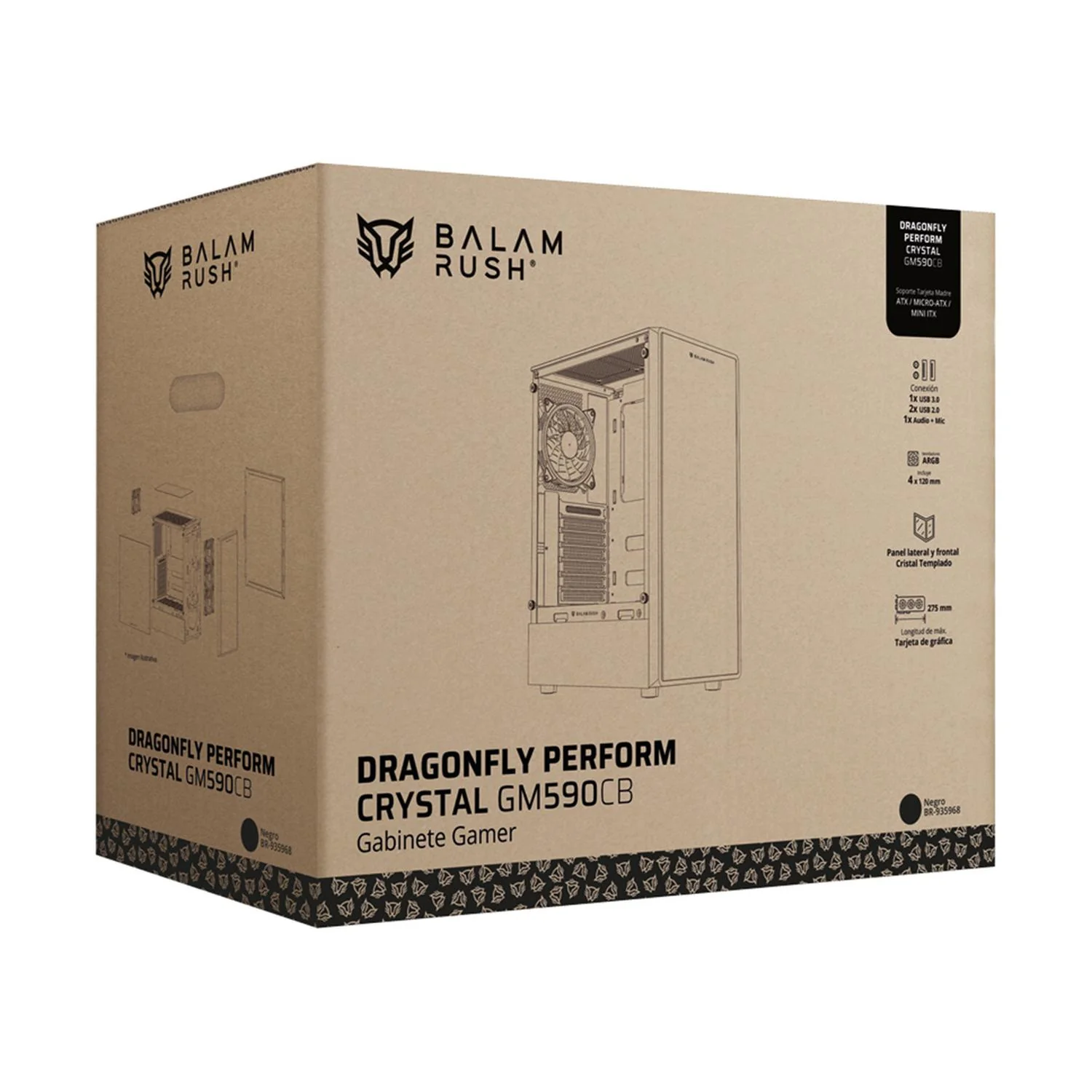 Gabinete Gamer BALAM RUSH DRAGONFLY PERFORM CRYSTAL GM590CB ATX Media Torre 4 Fan RGB Cristal Templado Negro BR-935968 - Image 6