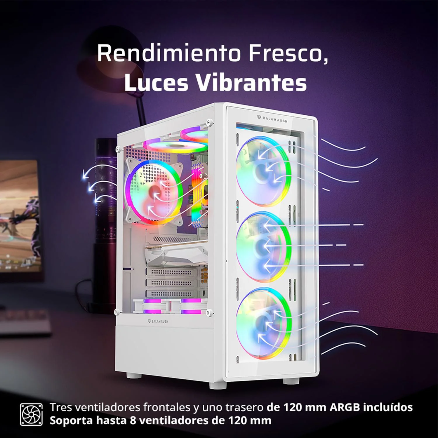 Gabinete Gamer BALAM RUSH DRAGONFLY PERFORM CRYSTAL GM590CW ATX Media Torre 4 Fan RGB Cristal Templado Blanco BR-935975 - Image 3