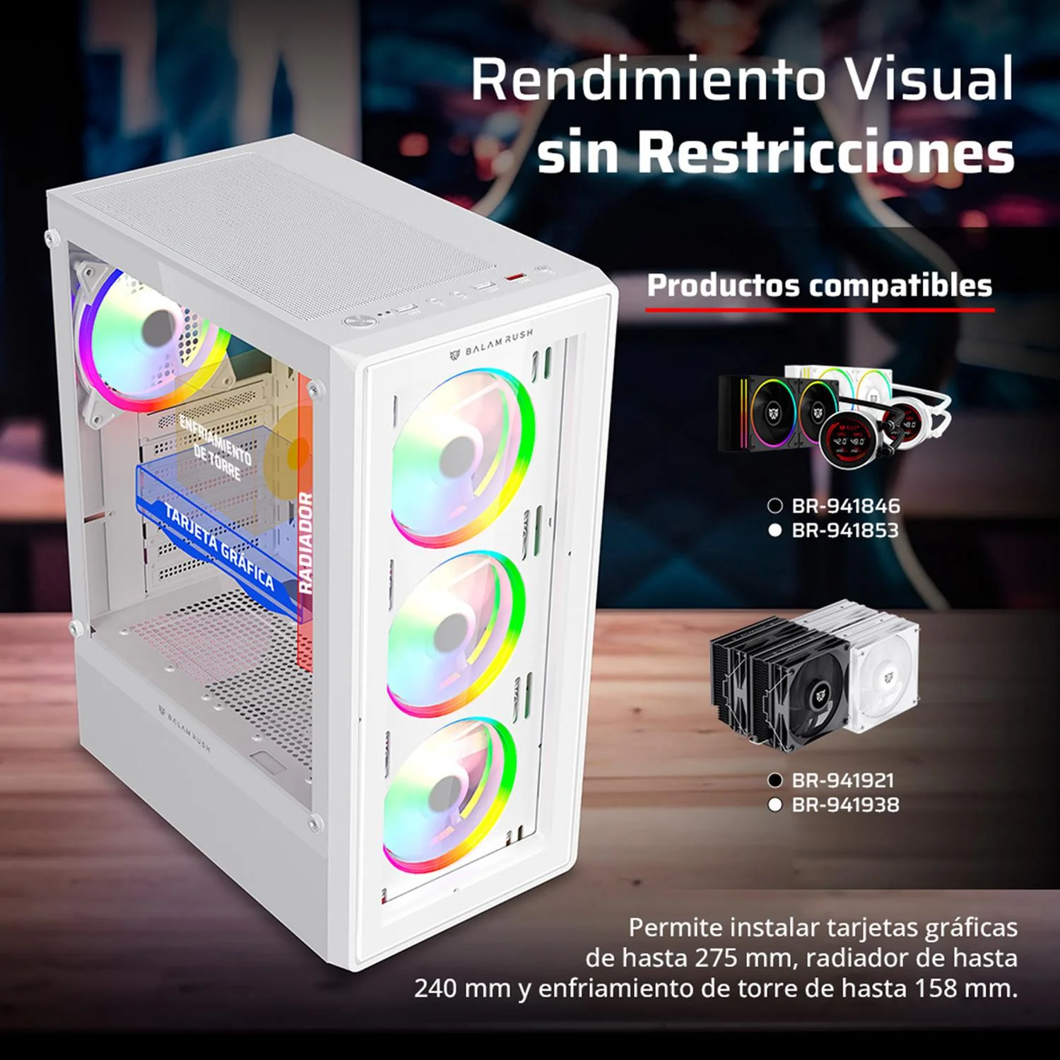 Gabinete Gamer BALAM RUSH DRAGONFLY PERFORM CRYSTAL GM590CW ATX Media Torre 4 Fan RGB Cristal Templado Blanco BR-935975 - Image 4