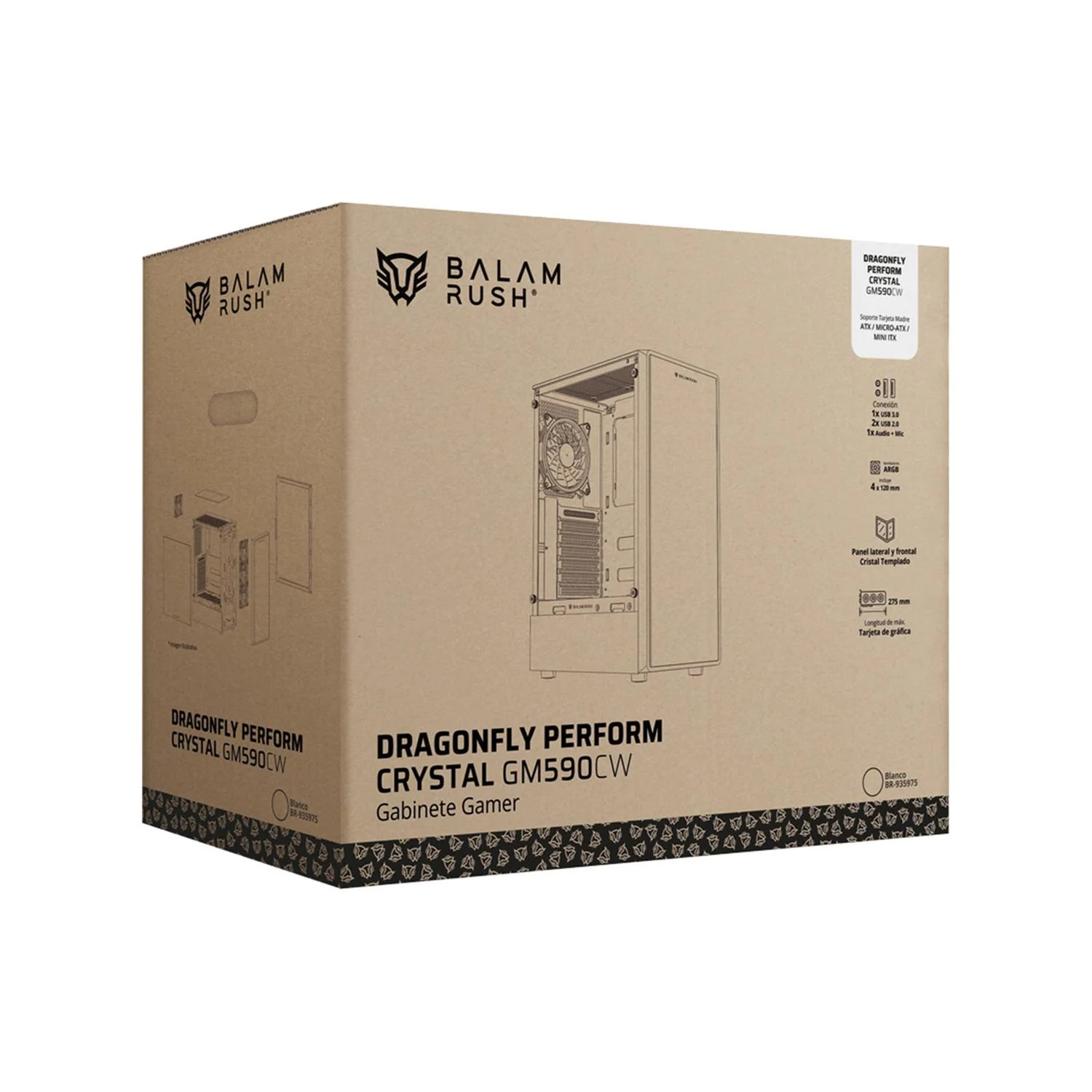 Gabinete Gamer BALAM RUSH DRAGONFLY PERFORM CRYSTAL GM590CW ATX Media Torre 4 Fan RGB Cristal Templado Blanco BR-935975 - Image 5