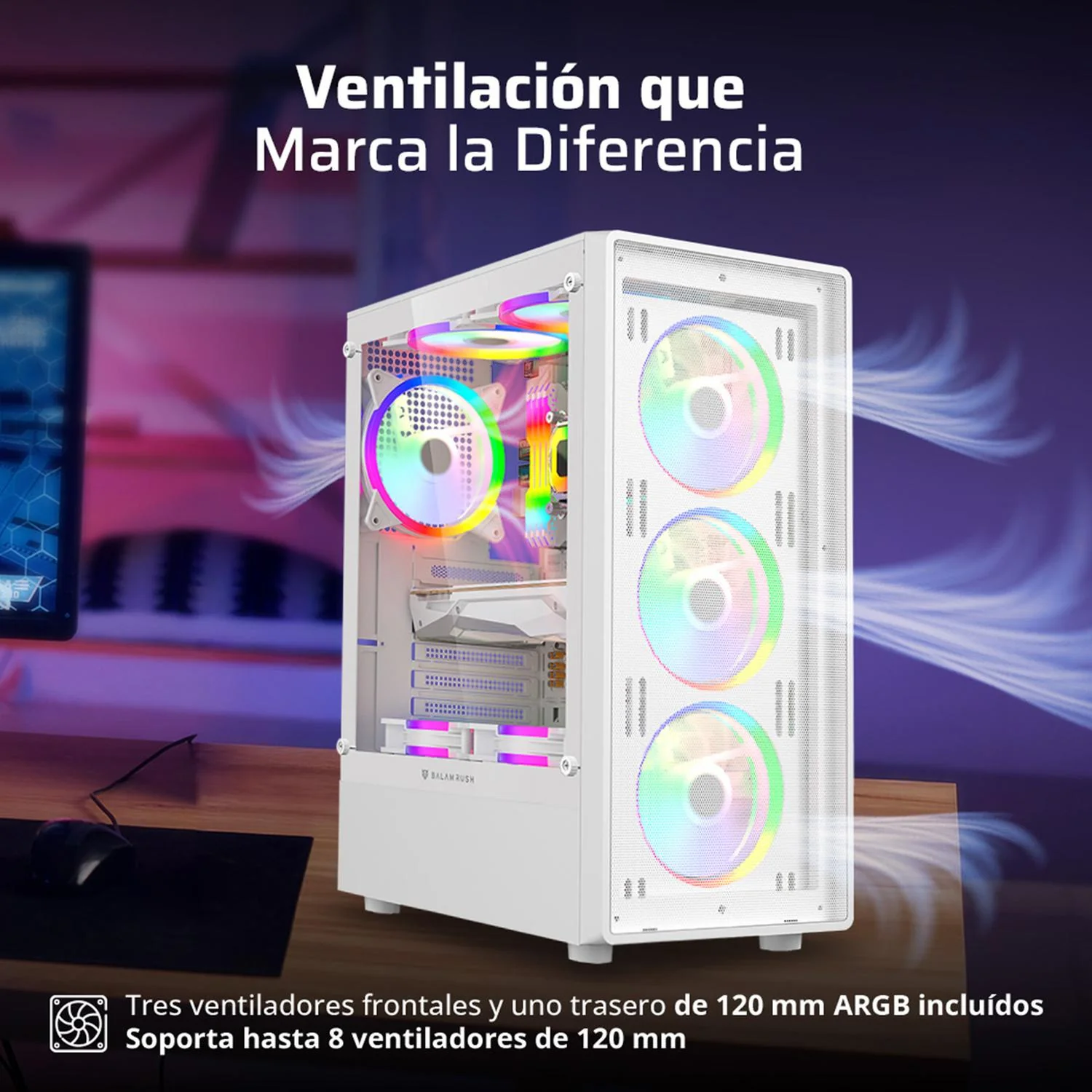 Gabinete Gamer BALAM RUSH DRAGONFLY PERFORM AIRCOOL GM590AW ATX Media Torre 4 Fan RGB Cristal Templado Blanco BR-935999 - Image 5