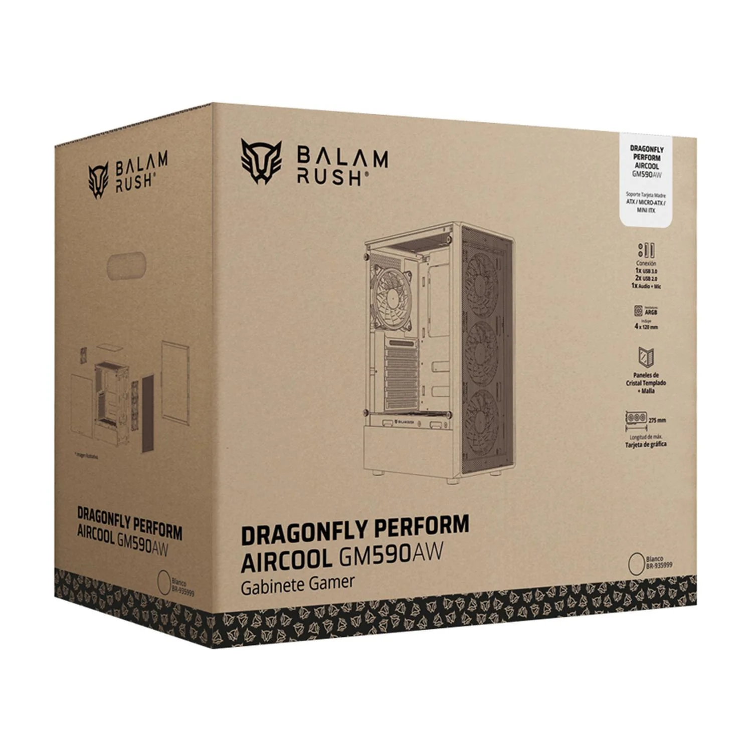 Gabinete Gamer BALAM RUSH DRAGONFLY PERFORM AIRCOOL GM590AW ATX Media Torre 4 Fan RGB Cristal Templado Blanco BR-935999 - Image 6