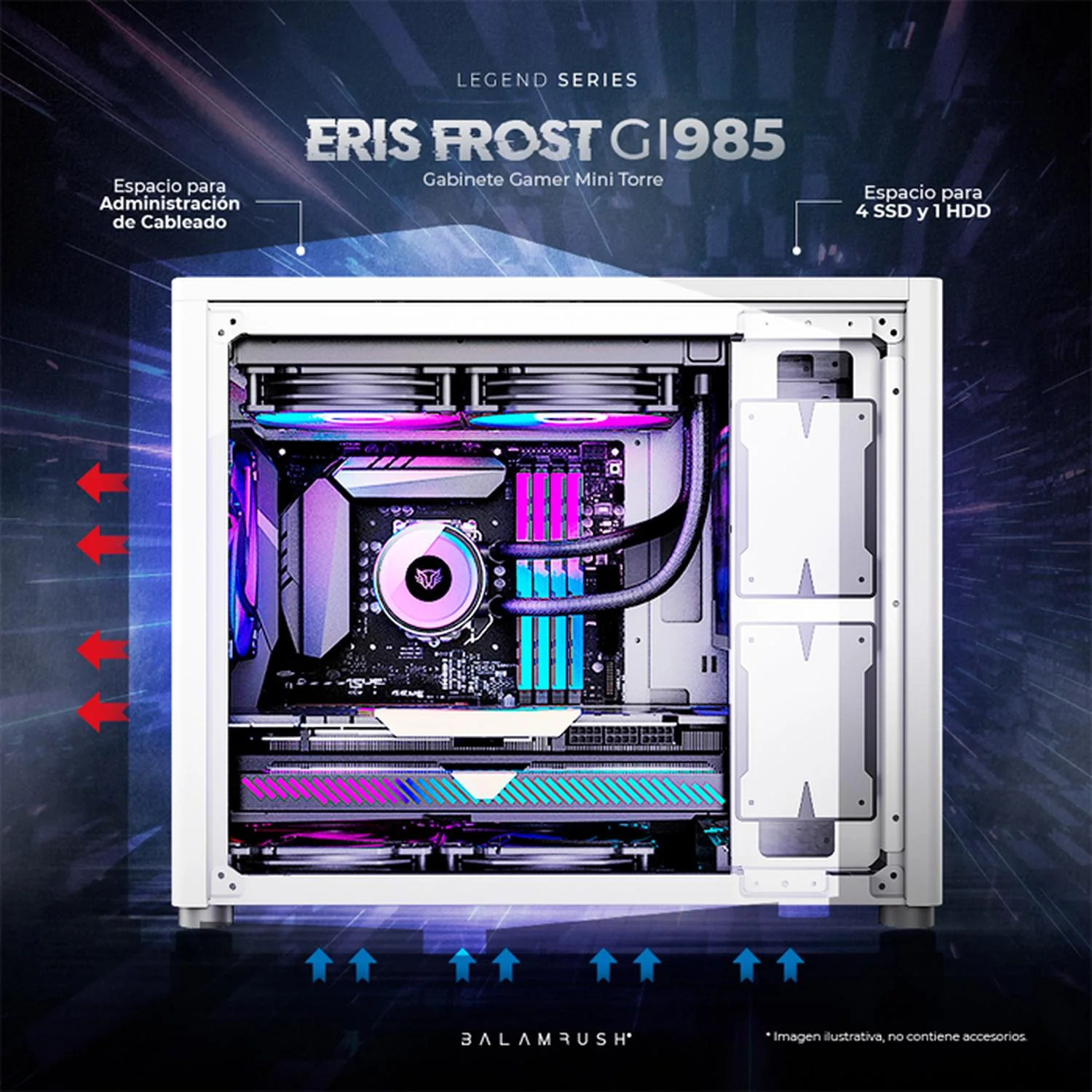 Gabinete Gamer BALAM RUSH ERIS FROST GI985 M-ATX Mini Torre Cristal Templado USB-C Blanco BR-935647 - Image 3