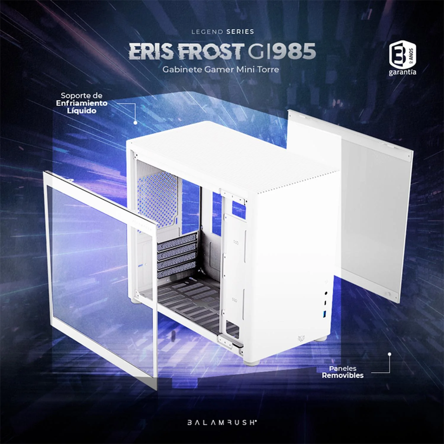 Gabinete Gamer BALAM RUSH ERIS FROST GI985 M-ATX Mini Torre Cristal Templado USB-C Blanco BR-935647 - Image 4