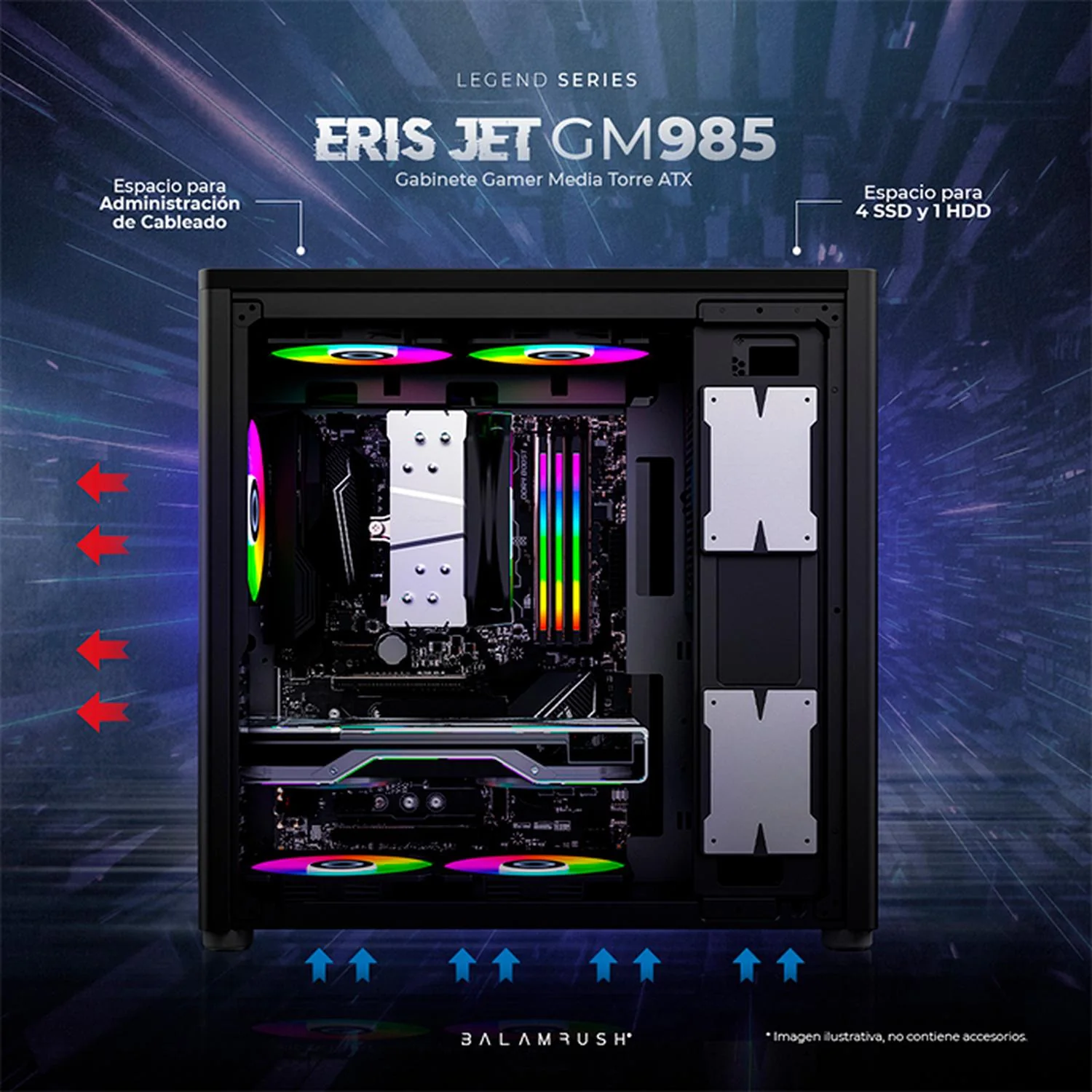 Gabinete Gamer BALAM RUSH ERIS JET GM985 ATX Media Torre Cristal templado USB-C Negro BR-935661 - Image 3