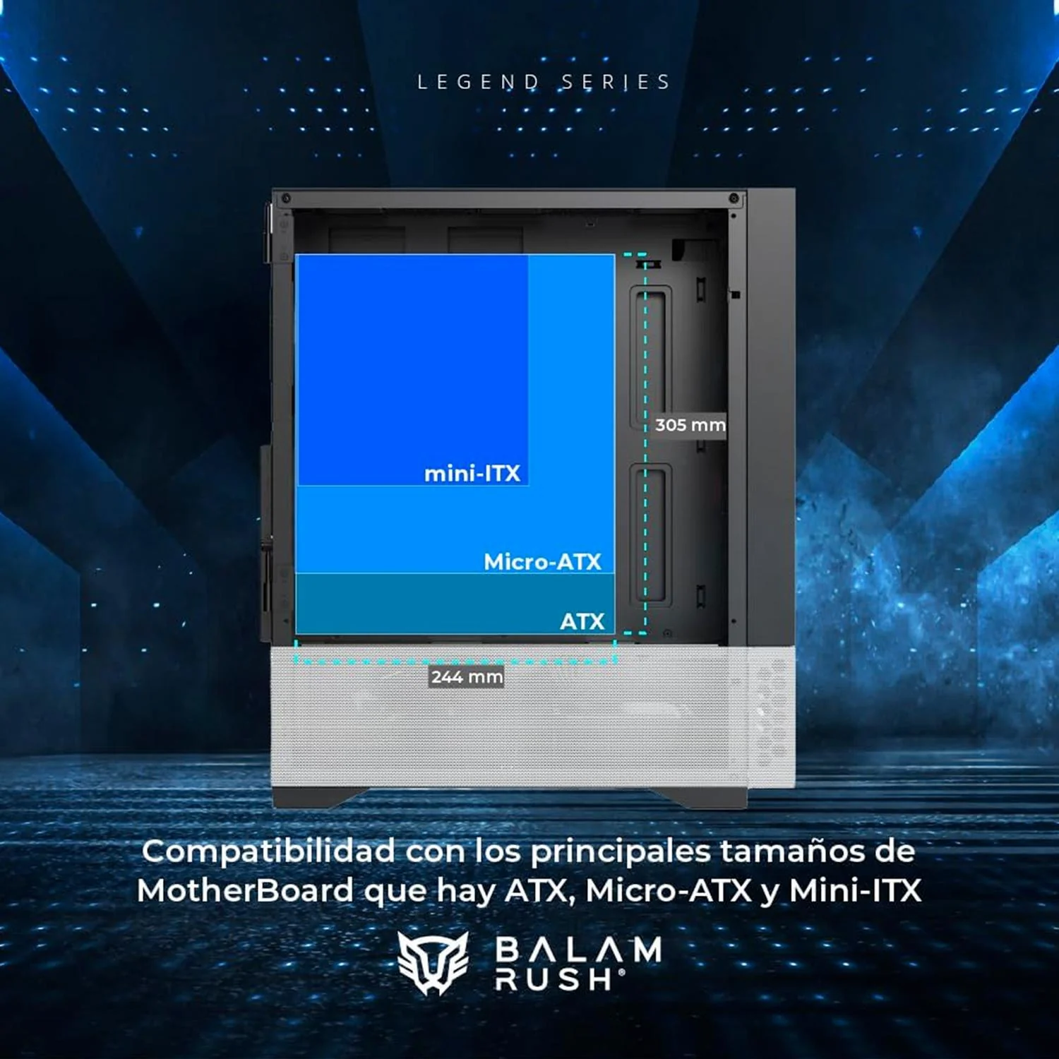 Gabinete Gamer BALAM RUSH NITROX CRYSTAL 5500 CBWATX Media Torre 3 Fan ARGB Cristal Templado Frente Cristal USB-C Negro/Blanco BR-938921 - Image 3
