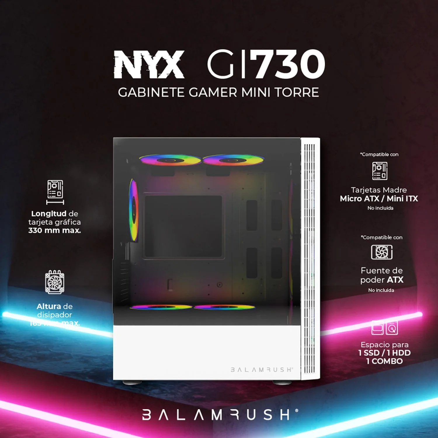Gabinete Gamer BALAM RUSH NYX GI730 Micro ATX Mini Torre 3 Fan Cristal Templado RGB Blanco BR-936101 - Image 3