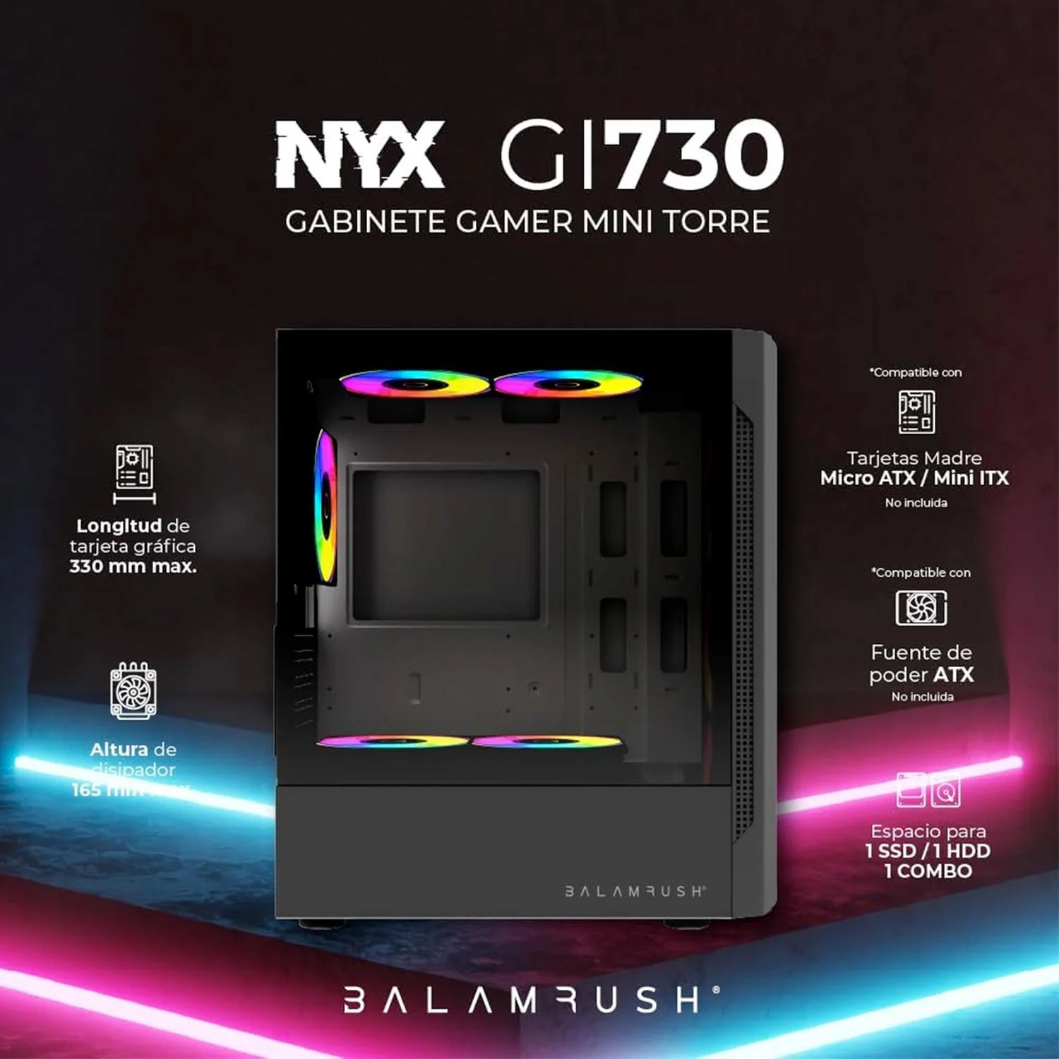 Gabinete Gamer BALAM RUSH NYX GI730 Micro ATX Mini Torre 3 Fan Cristal Templado RGB Negro BR-936095 - Image 3