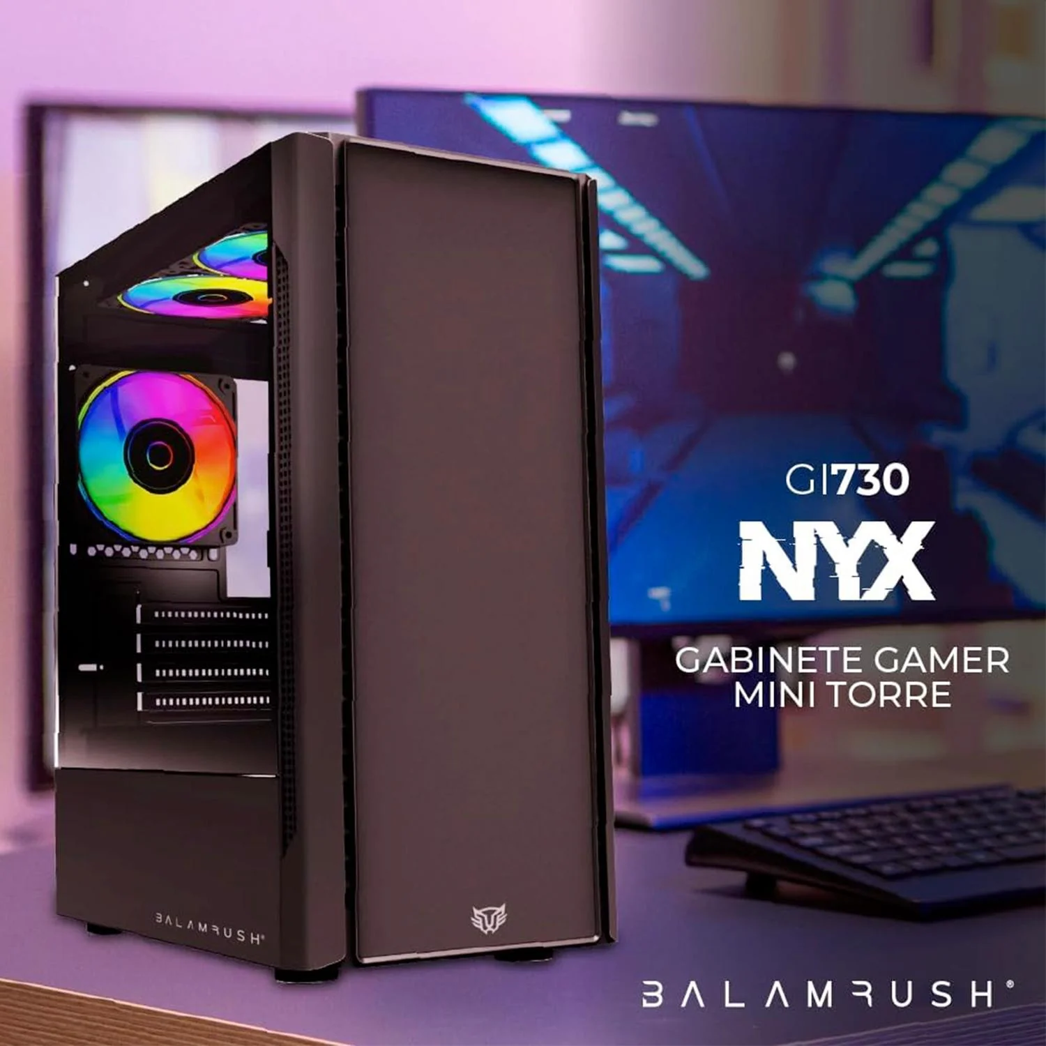 Gabinete Gamer BALAM RUSH NYX GI730 Micro ATX Mini Torre 3 Fan Cristal Templado RGB Negro BR-936095 - Image 4