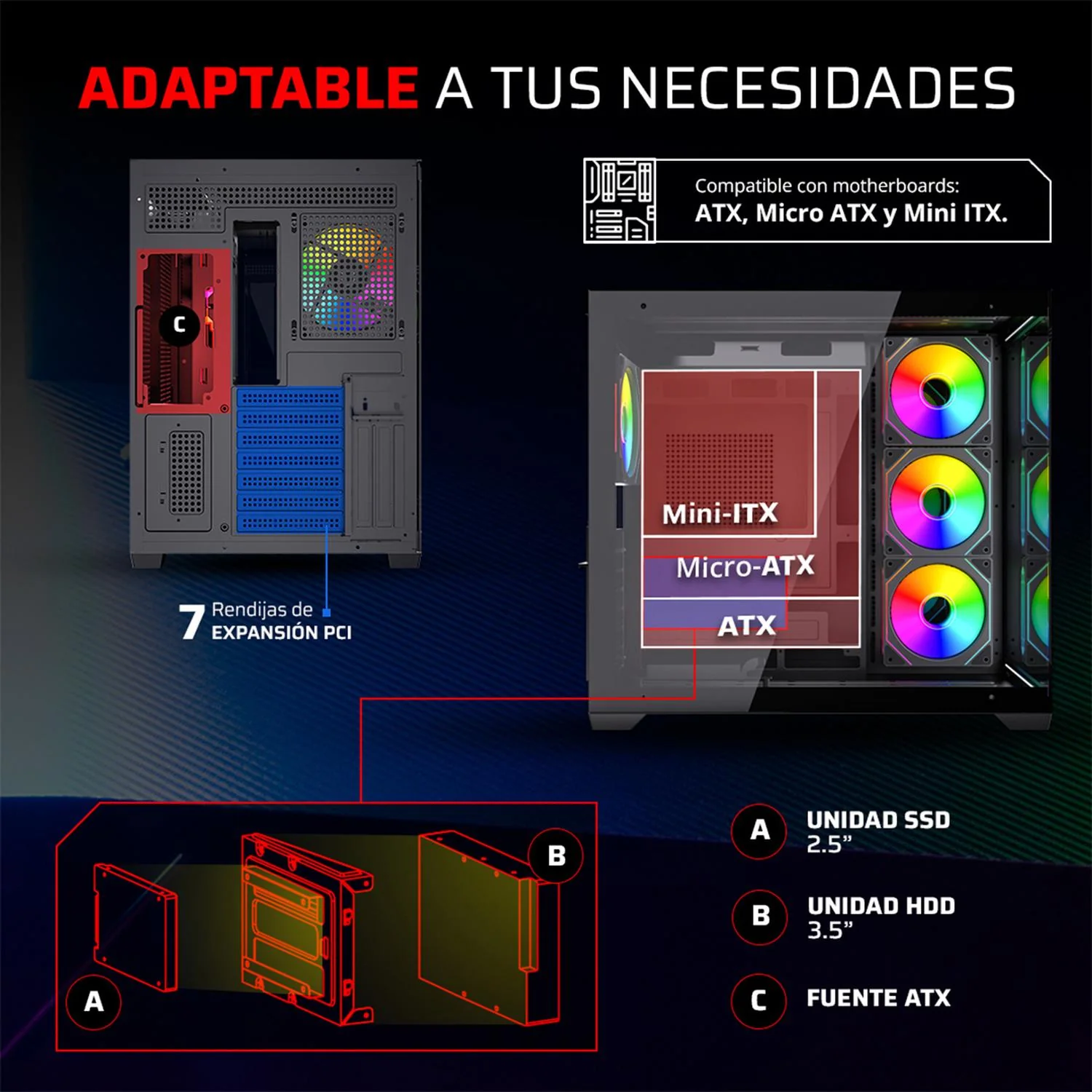 Gabinete Gamer BALAM RUSH TANK CORE ULTRA GM925 ATX Media Torre 4 Fan ARGB Cristal templado Frente Cristal USB-C Negro BR-943833 - Image 3