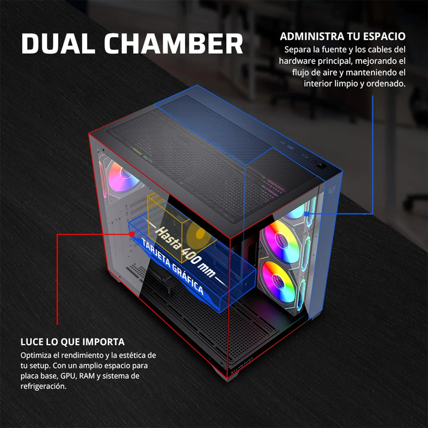 Gabinete Gamer BALAM RUSH TANK CORE ULTRA GM925 ATX Media Torre 4 Fan ARGB Cristal templado Frente Cristal USB-C Negro BR-943833 - Image 4