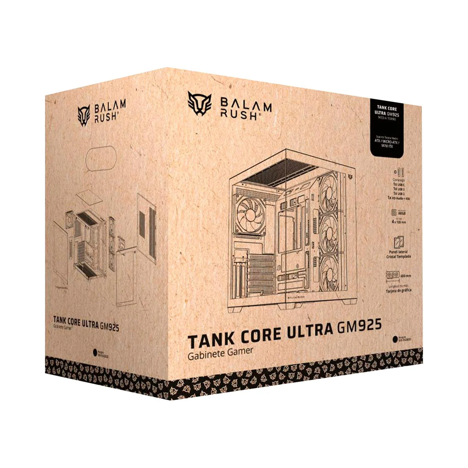 Gabinete Gamer BALAM RUSH TANK CORE ULTRA GM925 ATX Media Torre 4 Fan ARGB Cristal templado Frente Cristal USB-C Negro BR-943833 - Image 6