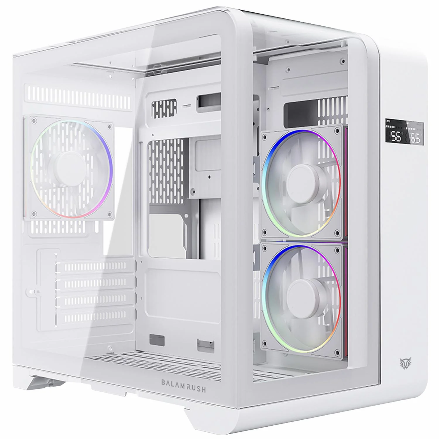 Gabinete Gamer BALAM RUSH TANK EXPERT CURVE 6400 Micro ATX Mini Torre 3 Fan ARGB Cristal Templado USB-C Display Digital Blanco BR-941624