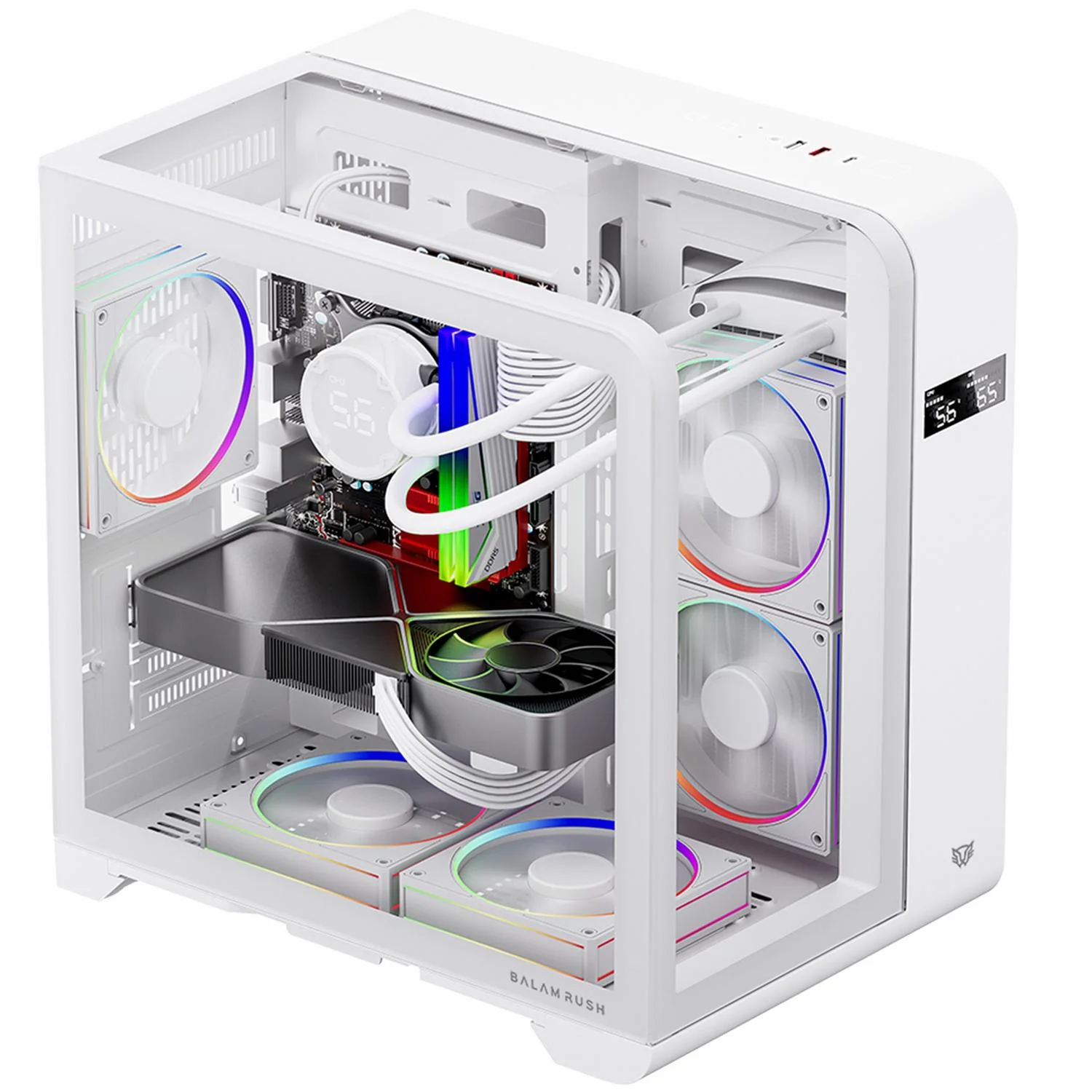 Gabinete Gamer BALAM RUSH TANK EXPERT CURVE 6400 Micro ATX Mini Torre 3 Fan ARGB Cristal Templado USB-C Display Digital Blanco BR-941624 - Image 5