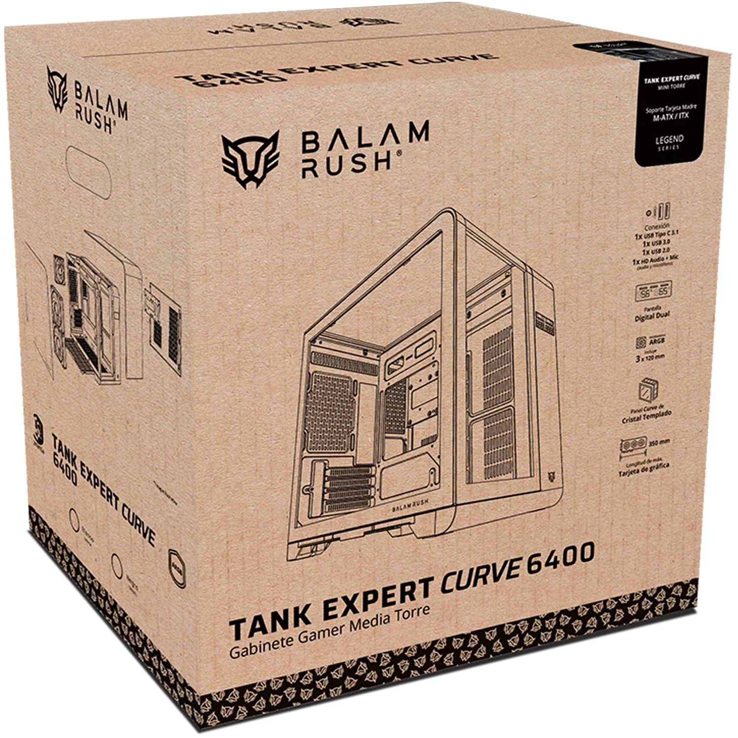 Gabinete Gamer BALAM RUSH TANK EXPERT CURVE 6400 Micro ATX Mini Torre 3 Fan Cristal Templado USB-C ARGB Negro BR-941617 - Image 6