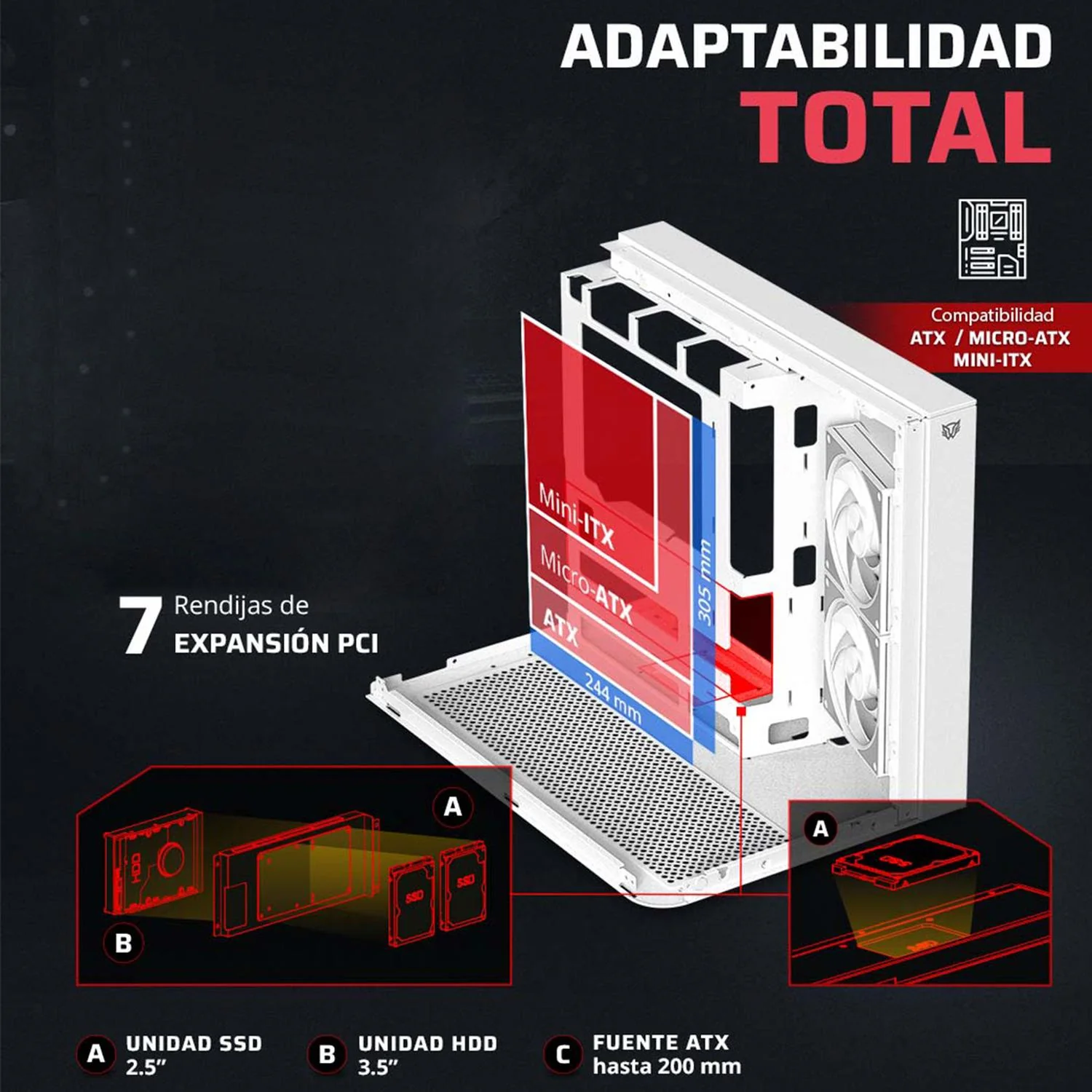 Gabinete Gamer BALAM RUSH TANK EXPERT CURVE 6800 ATX Media Torre 3 Fan Panel Curvo Cristal Templado USB-C ARGB Blanco BR-941587 - Image 3