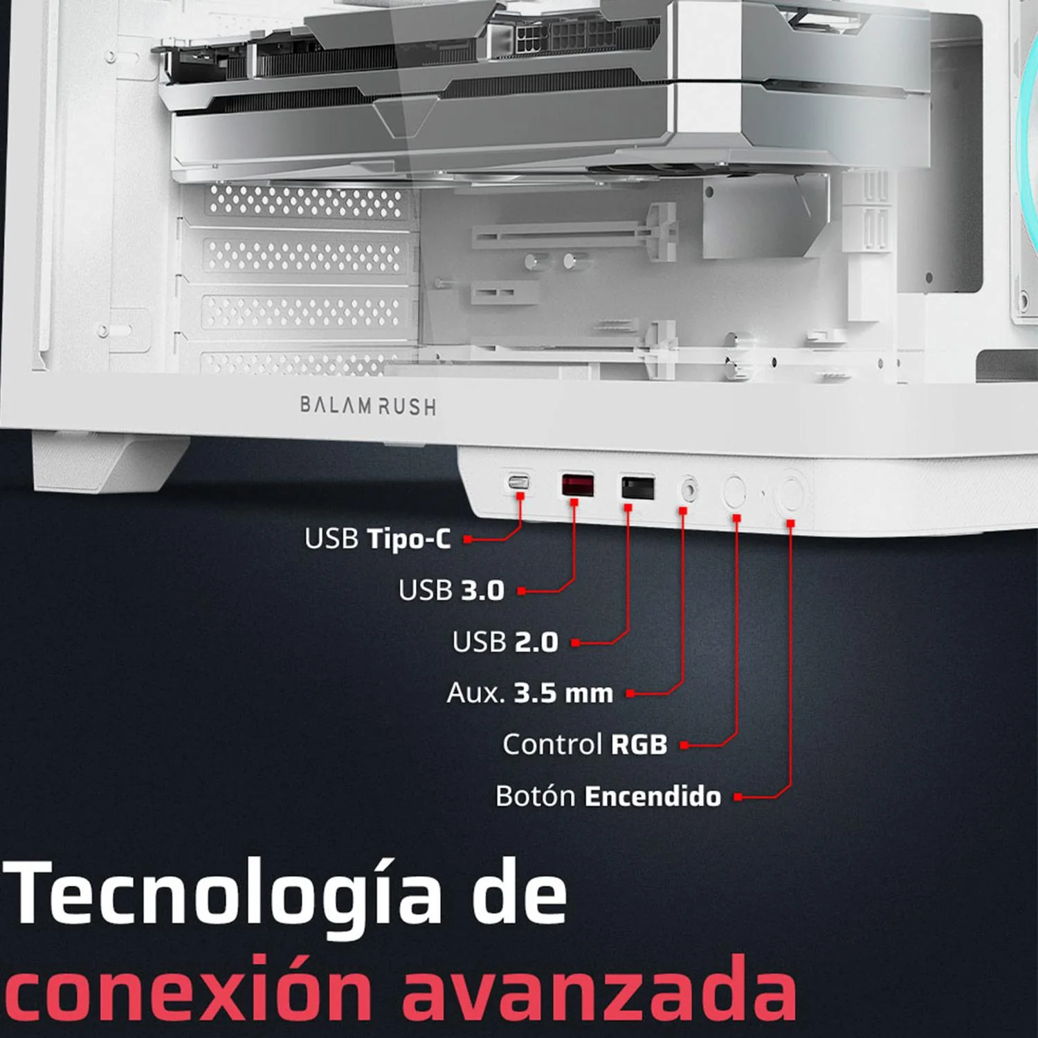 Gabinete Gamer BALAM RUSH TANK EXPERT CURVE 6800 ATX Media Torre 3 Fan Panel Curvo Cristal Templado USB-C ARGB Blanco BR-941587 - Image 5