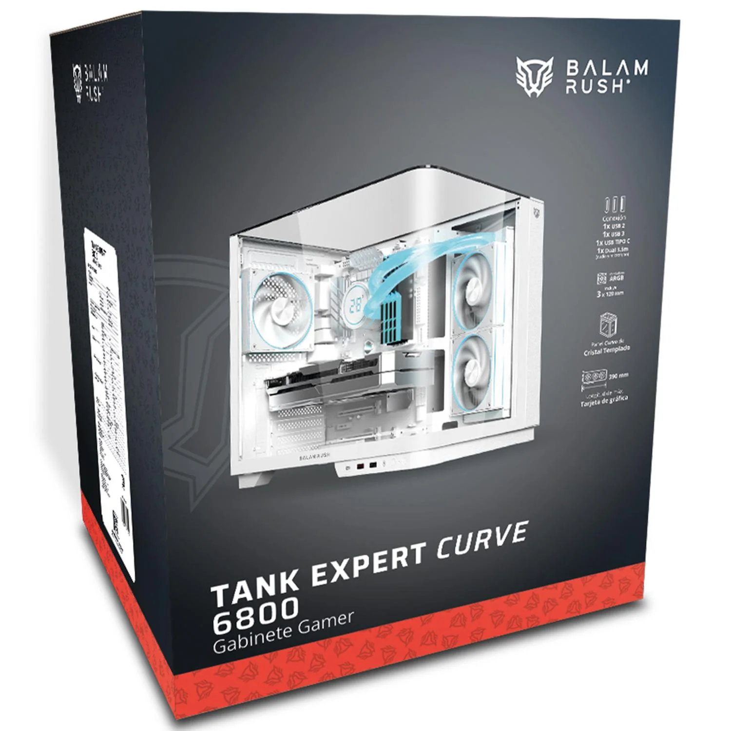 Gabinete Gamer BALAM RUSH TANK EXPERT CURVE 6800 ATX Media Torre 3 Fan Panel Curvo Cristal Templado USB-C ARGB Blanco BR-941587 - Image 6