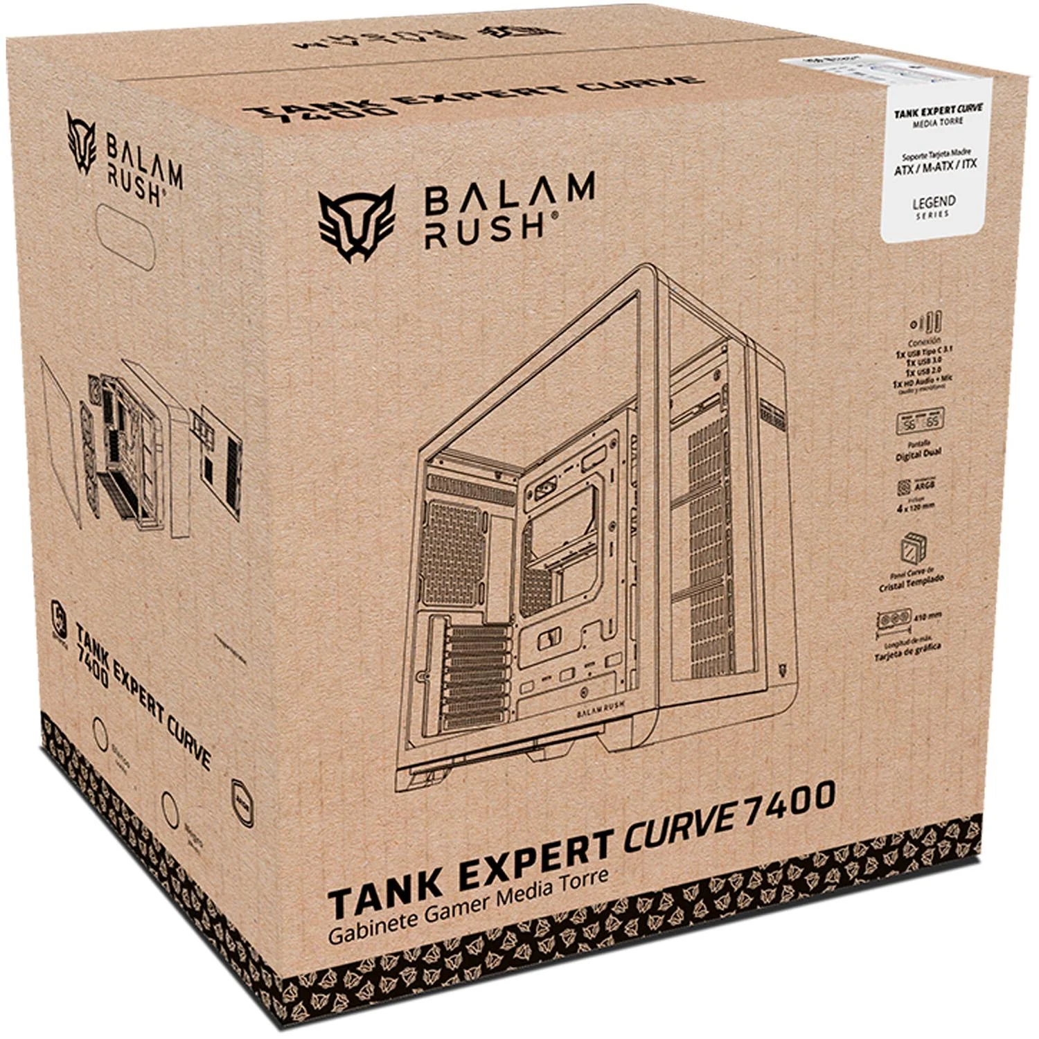 Gabinete Gamer BALAM RUSH TANK EXPERT CURVE 7400 ATX Media Torre 4 Fan Cristal Templado USB-C ARGB Blanco BR-941600 - Image 6