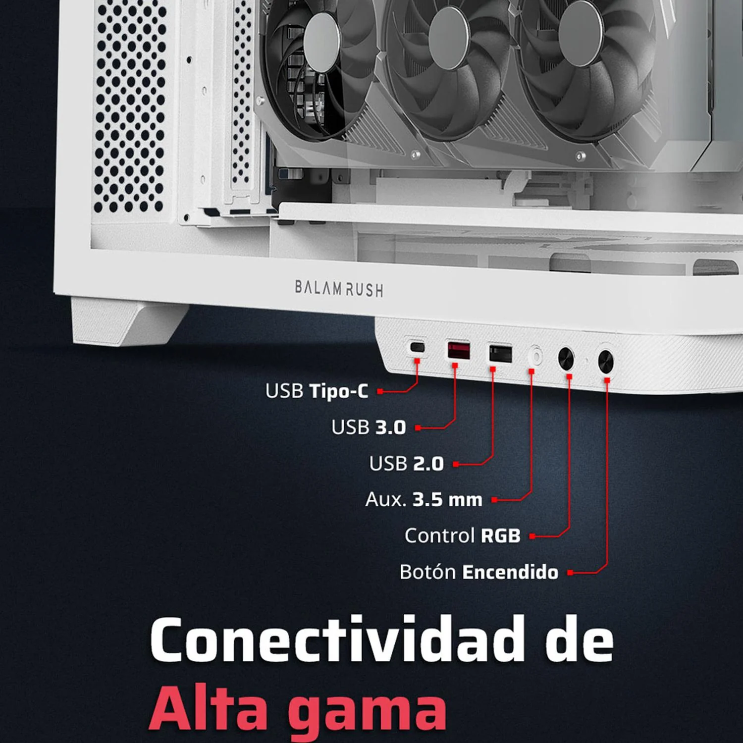 Gabinete Gamer BALAM RUSH TANK EXPERT CURVE 7800 ATX Media Torre 5 Fan Panel Curvo Cristal Templado USB-C ARGB Blanco BR-941563 - Image 3