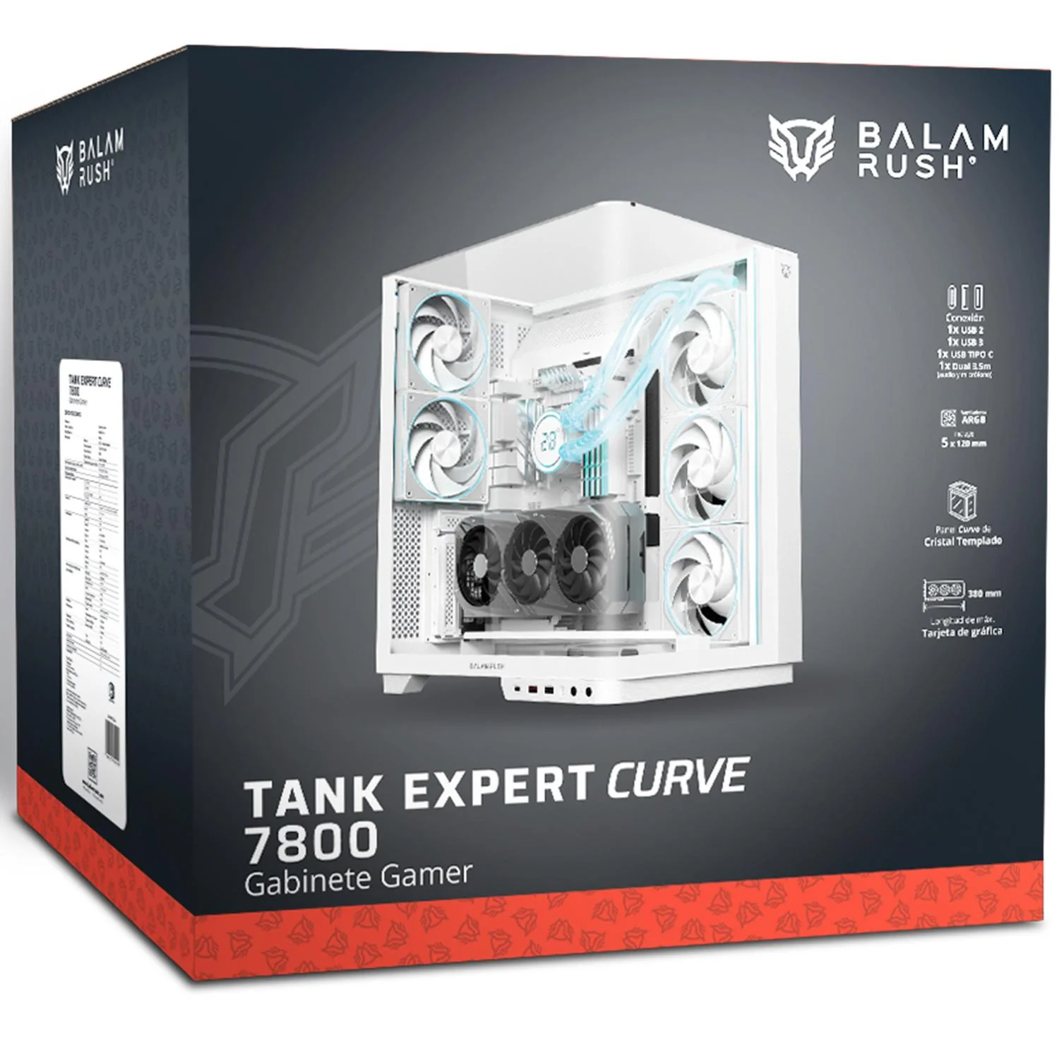 Gabinete Gamer BALAM RUSH TANK EXPERT CURVE 7800 ATX Media Torre 5 Fan Panel Curvo Cristal Templado USB-C ARGB Blanco BR-941563 - Image 6