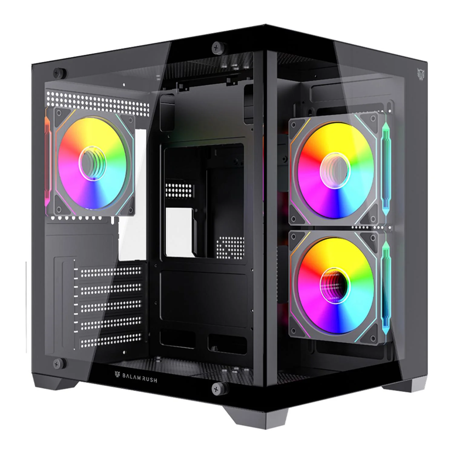Gabinete Gamer BALAM RUSH TANK GLOW MAX 3900 Micro ATX Mini Torre 3 Fan ARGB Cristal templado Frente Cristal Negro BR-943857