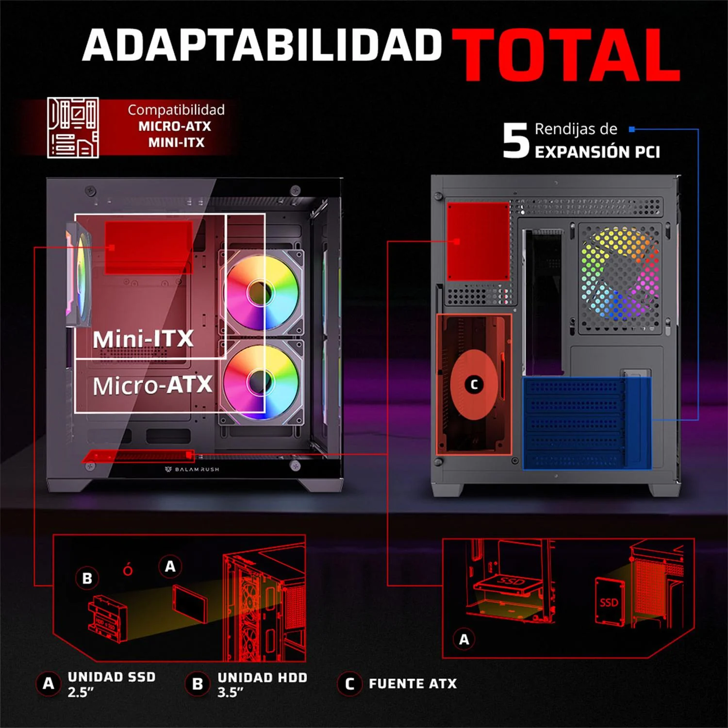 Gabinete Gamer BALAM RUSH TANK GLOW MAX 3900 Micro ATX Mini Torre 3 Fan ARGB Cristal templado Frente Cristal Negro BR-943857 - Image 2