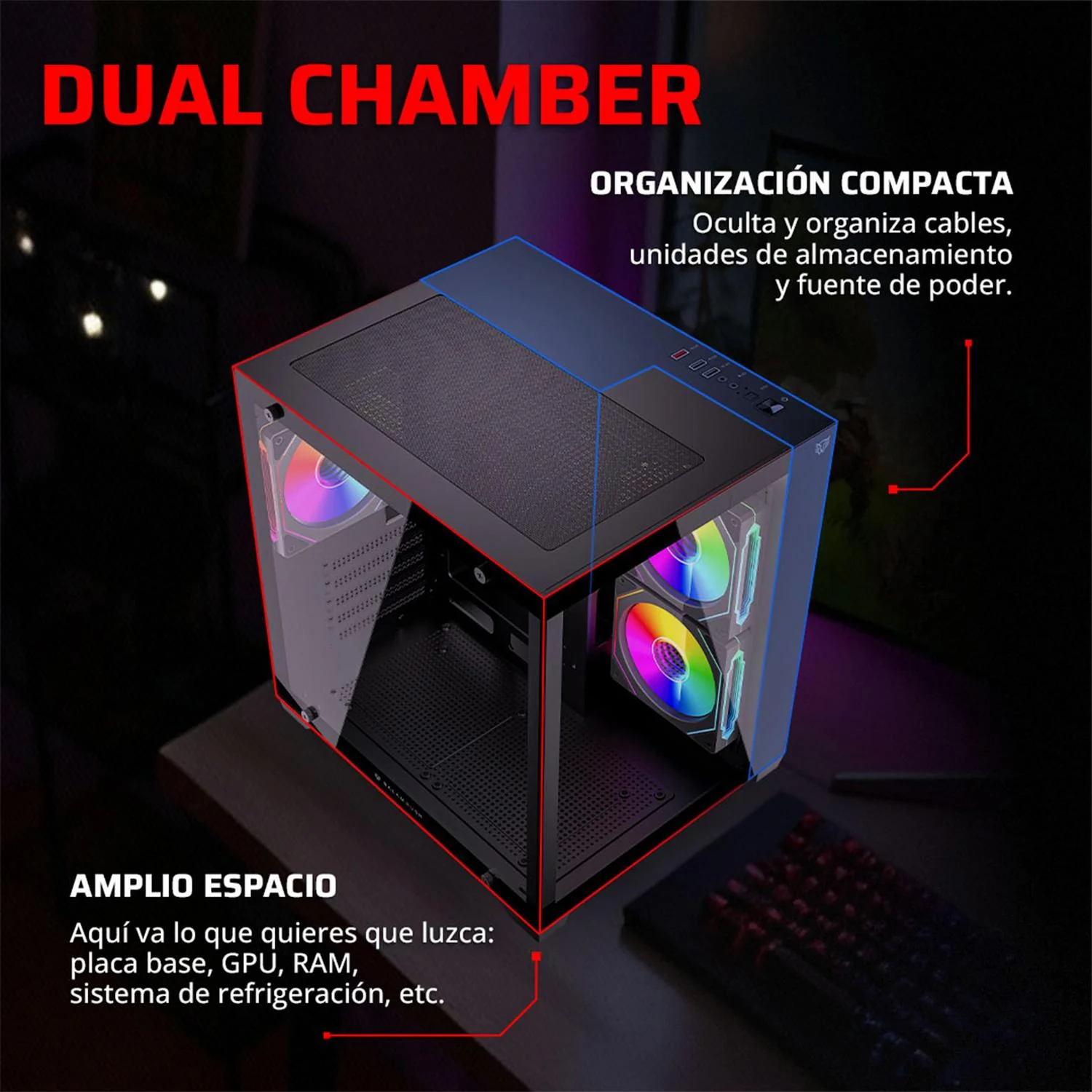 Gabinete Gamer BALAM RUSH TANK GLOW MAX 3900 Micro ATX Mini Torre 3 Fan ARGB Cristal templado Frente Cristal Negro BR-943857 - Image 3