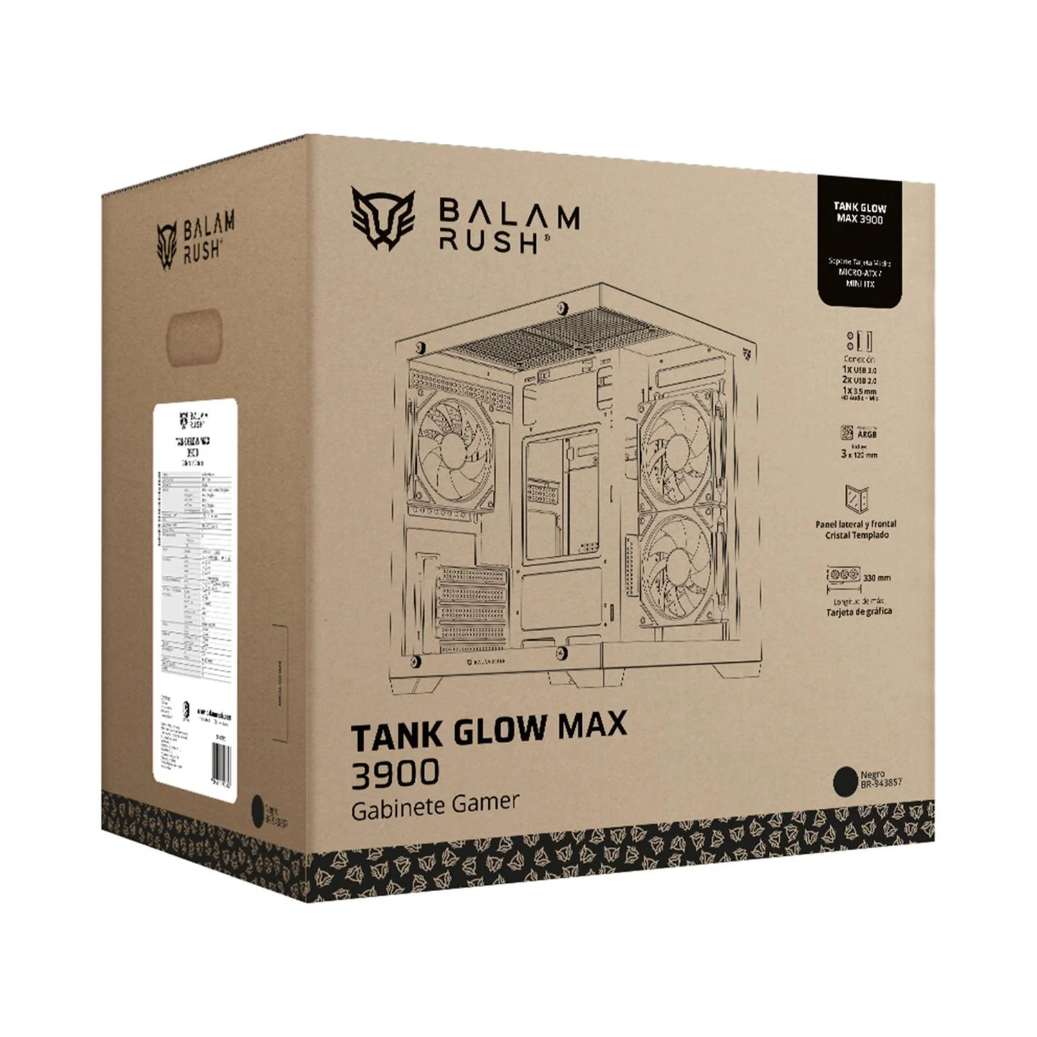Gabinete Gamer BALAM RUSH TANK GLOW MAX 3900 Micro ATX Mini Torre 3 Fan ARGB Cristal templado Frente Cristal Negro BR-943857 - Image 6