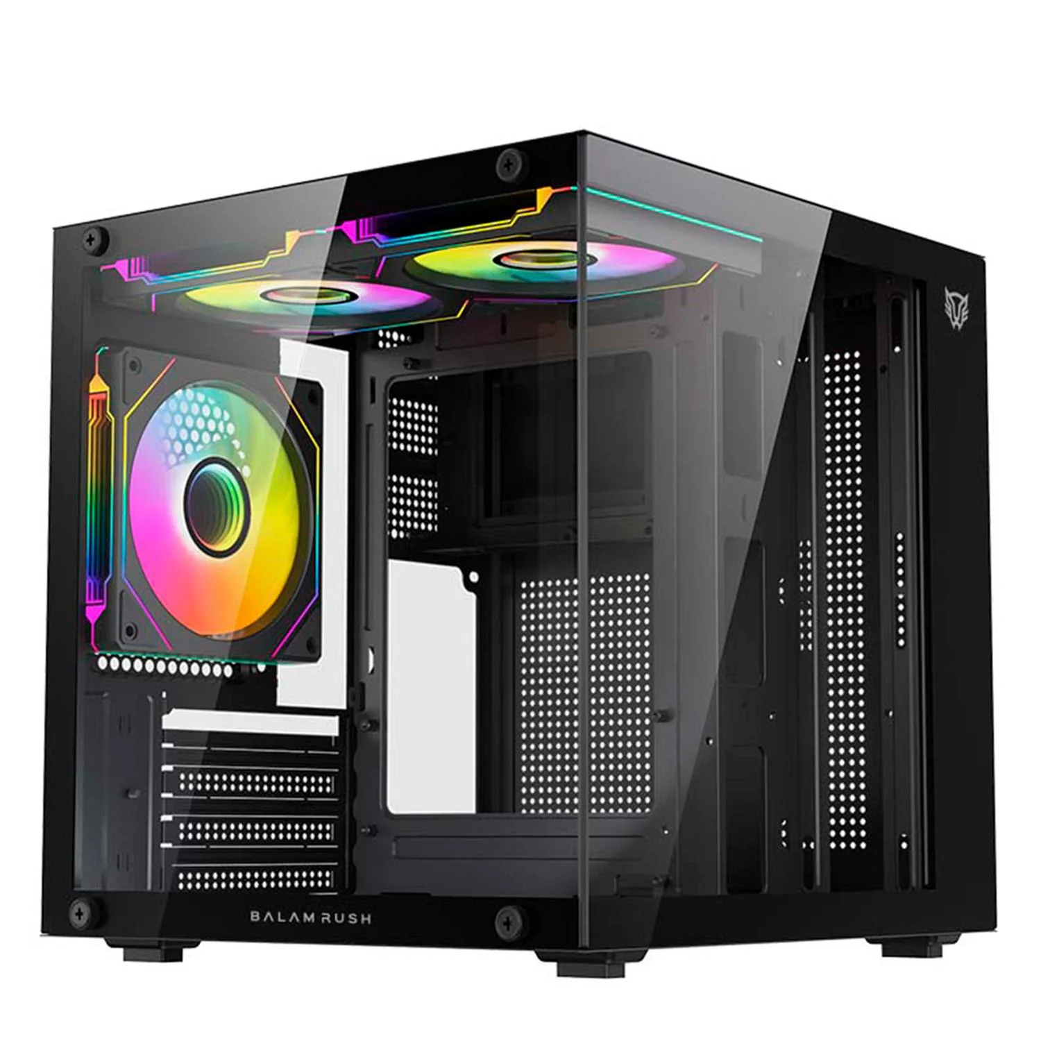 Gabinete Gamer BALAM RUSH TANK GLOW MINI 3500 Micro ATX Mini Torre 3 Fan ARGB Cristal templado Frente Cristal Negro BR-943871