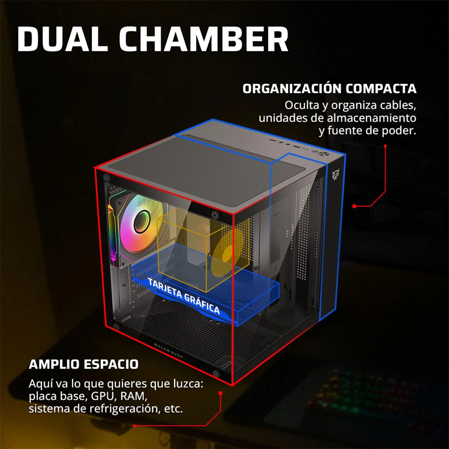 Gabinete Gamer BALAM RUSH TANK GLOW MINI 3500 Micro ATX Mini Torre 3 Fan ARGB Cristal templado Frente Cristal Negro BR-943871 - Image 4
