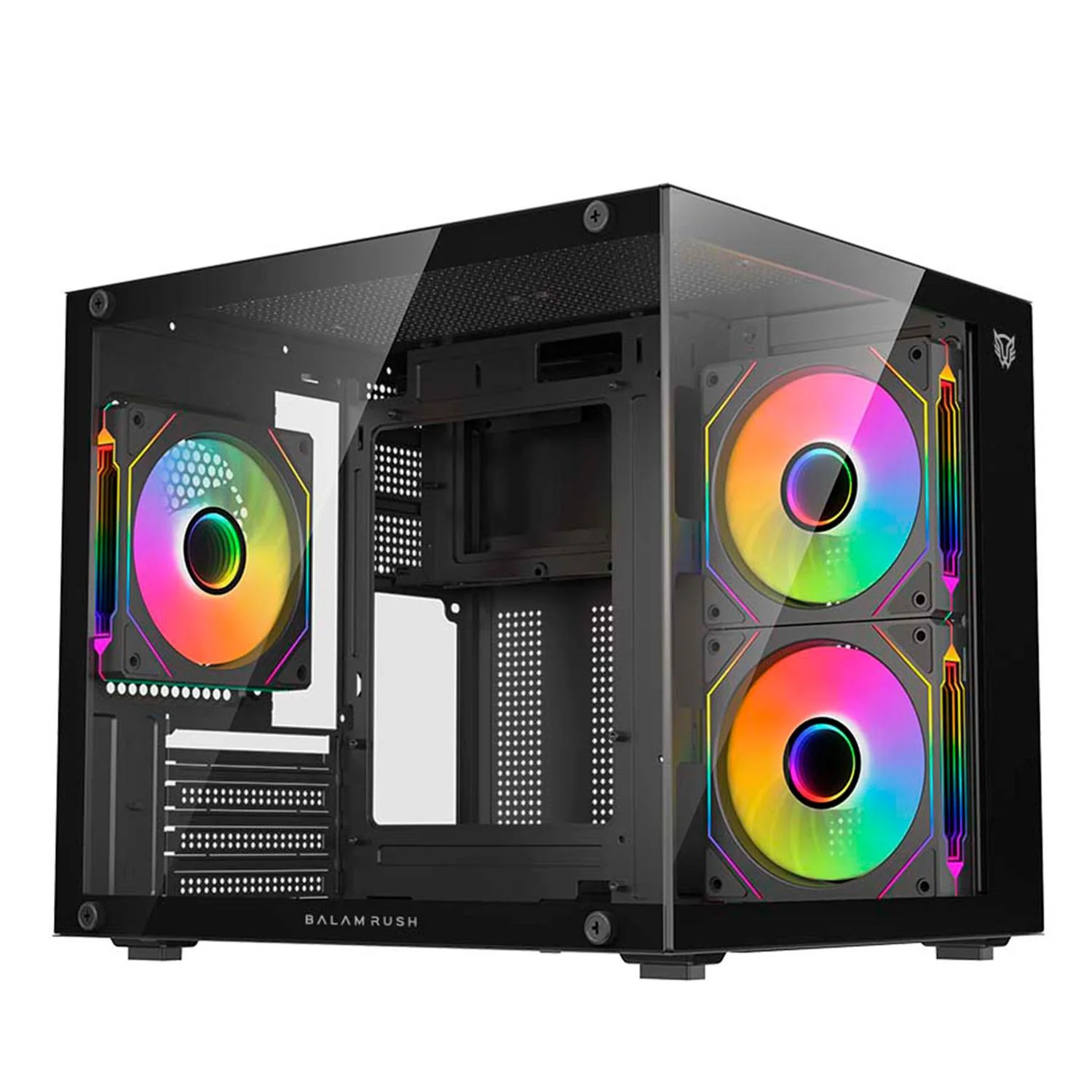 Gabinete Gamer BALAM RUSH TANK GLOW PLUS 3700 Micro ATX Mini Torre 3 Fan ARGB Cristal templado Frente Cristal Negro BR-943864
