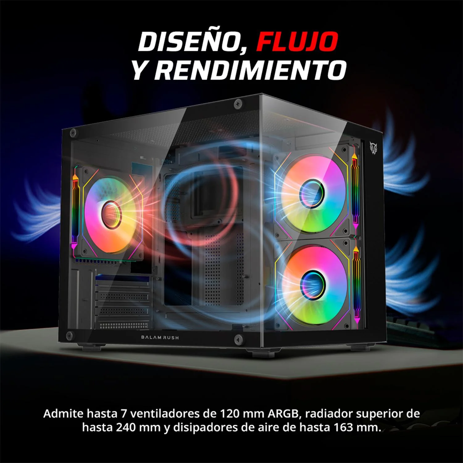 Gabinete Gamer BALAM RUSH TANK GLOW PLUS 3700 Micro ATX Mini Torre 3 Fan ARGB Cristal templado Frente Cristal Negro BR-943864 - Image 3